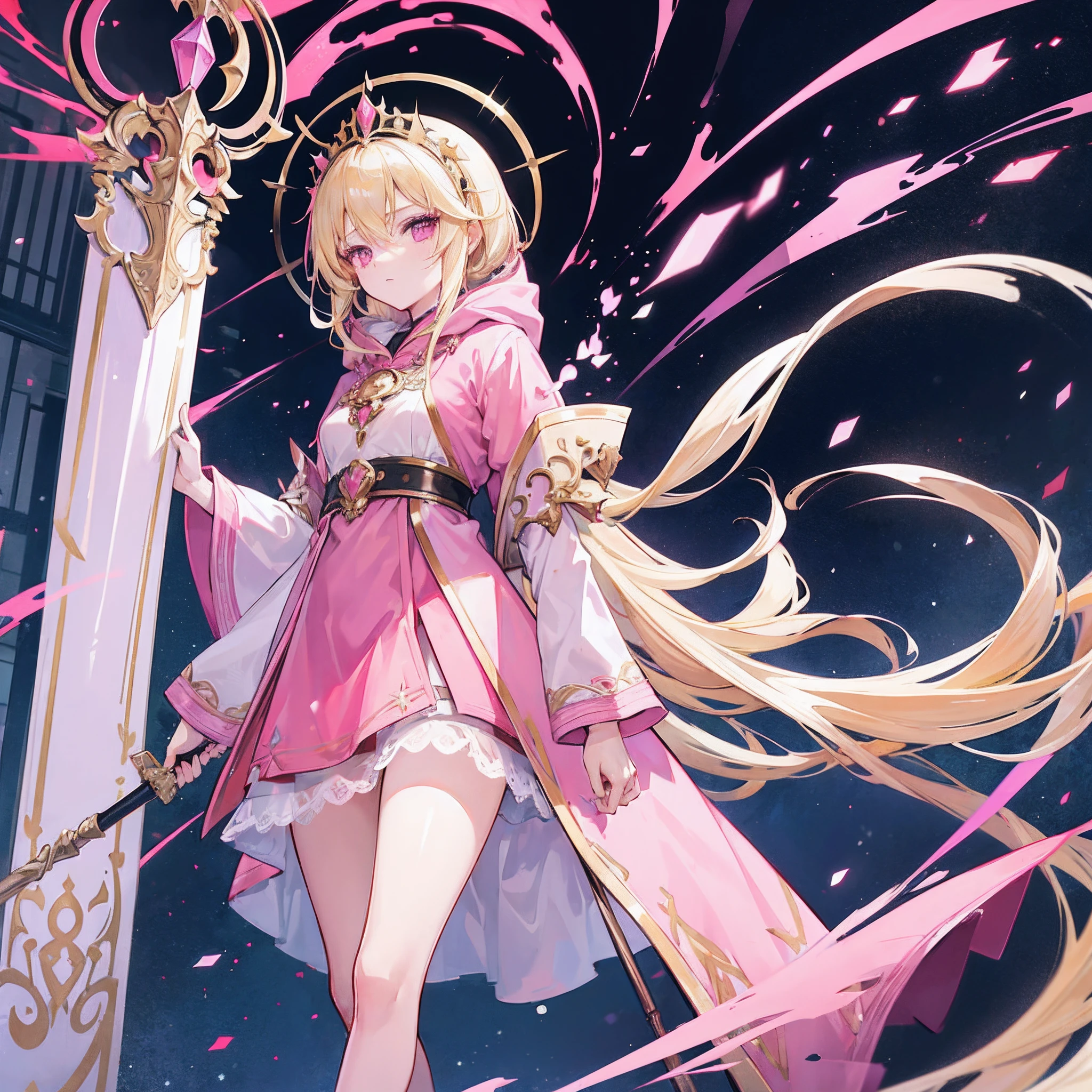 1 girl,long blonde hair,pink eyes,a cleric like dress with a hood,holding a staff,a opulent citiael background