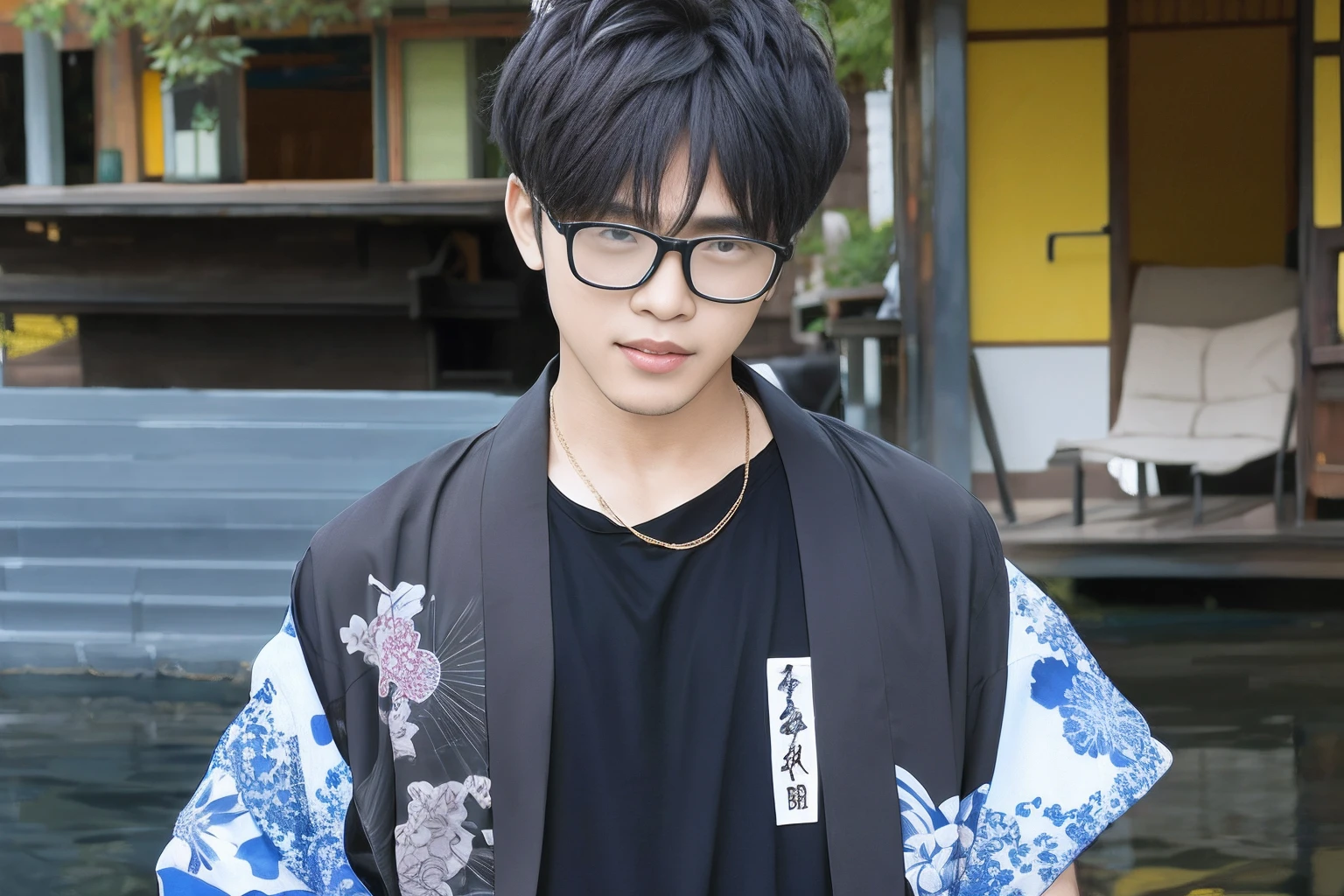 young man, with black glasses and black glass, real face, wear kimono japan, black t shirt, wear a gold necklace, black hair, realistic