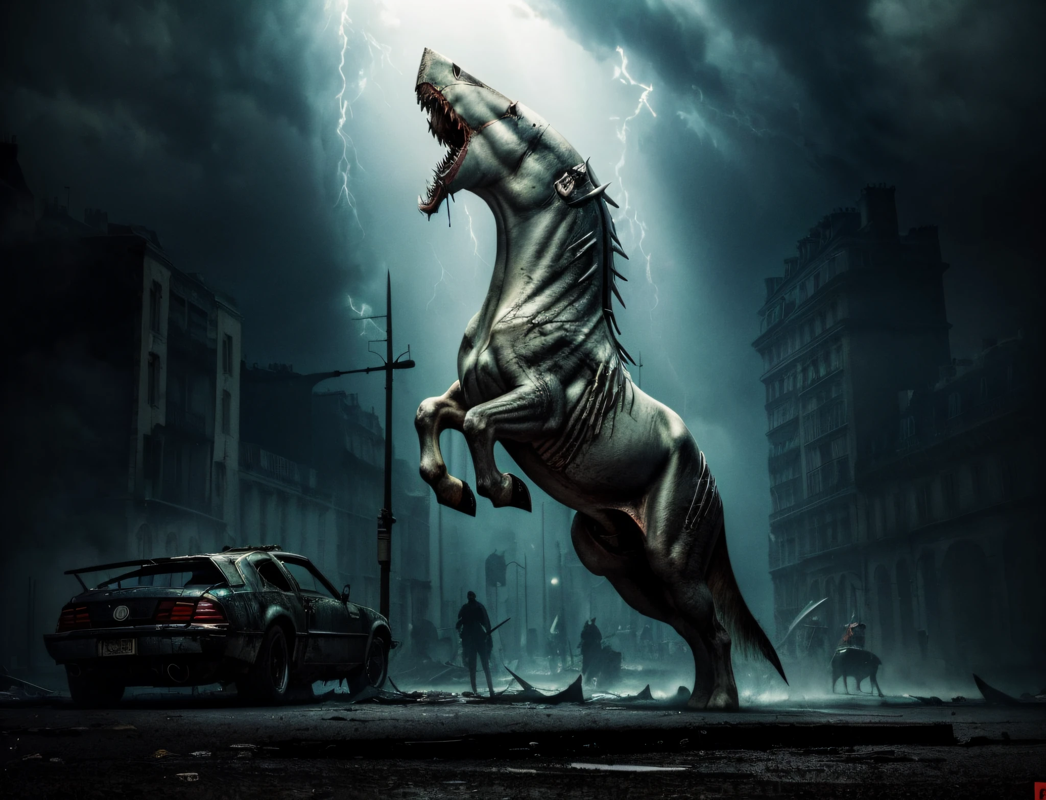 (((masterpiece))), (((best quality))), ((ultra-detailed)),mutant zombie-horse with a great white shark head standing on the hind legs, big shark teeth,rotten skin,putrid flesh,bleeding wounds,dripping blood, street of paris ,burning car, visible inner parts,guts, glowing eyes