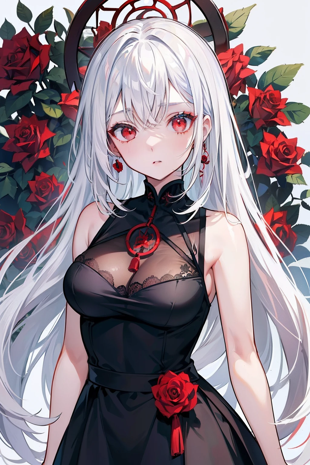 (top-quality、masterpiece)、(1girl in、独奏、Black Dress、is standing、Look at viewers、White hair、red eyes、There are roses、Keep your mouth shut、The upper part of the body)、(Red Dream Catcher in the Back、Red flowers、)、Red mesh hair、length hair、beautidful eyes、Beautiful lips、The upper part of the body