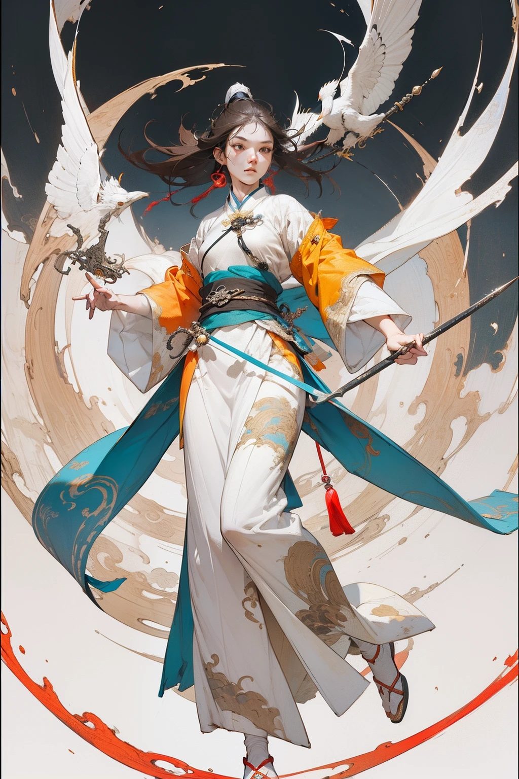((full body)) Best quality,head,original_outfit,hanfu,clear details,masterpiece, best_quality, clear details,1 girl,((white and yellow and blue clothes)), no red color , blue accent color ,detailed skin texture,detailed cloth texture, beautiful detailed face, ultra detailed,photorealsim,dark brown hair, clear pupils,brown eyes, clear face,full body,warrior female, (holding rapier), ancient china, wind theme, chinese crane pattern on clothes