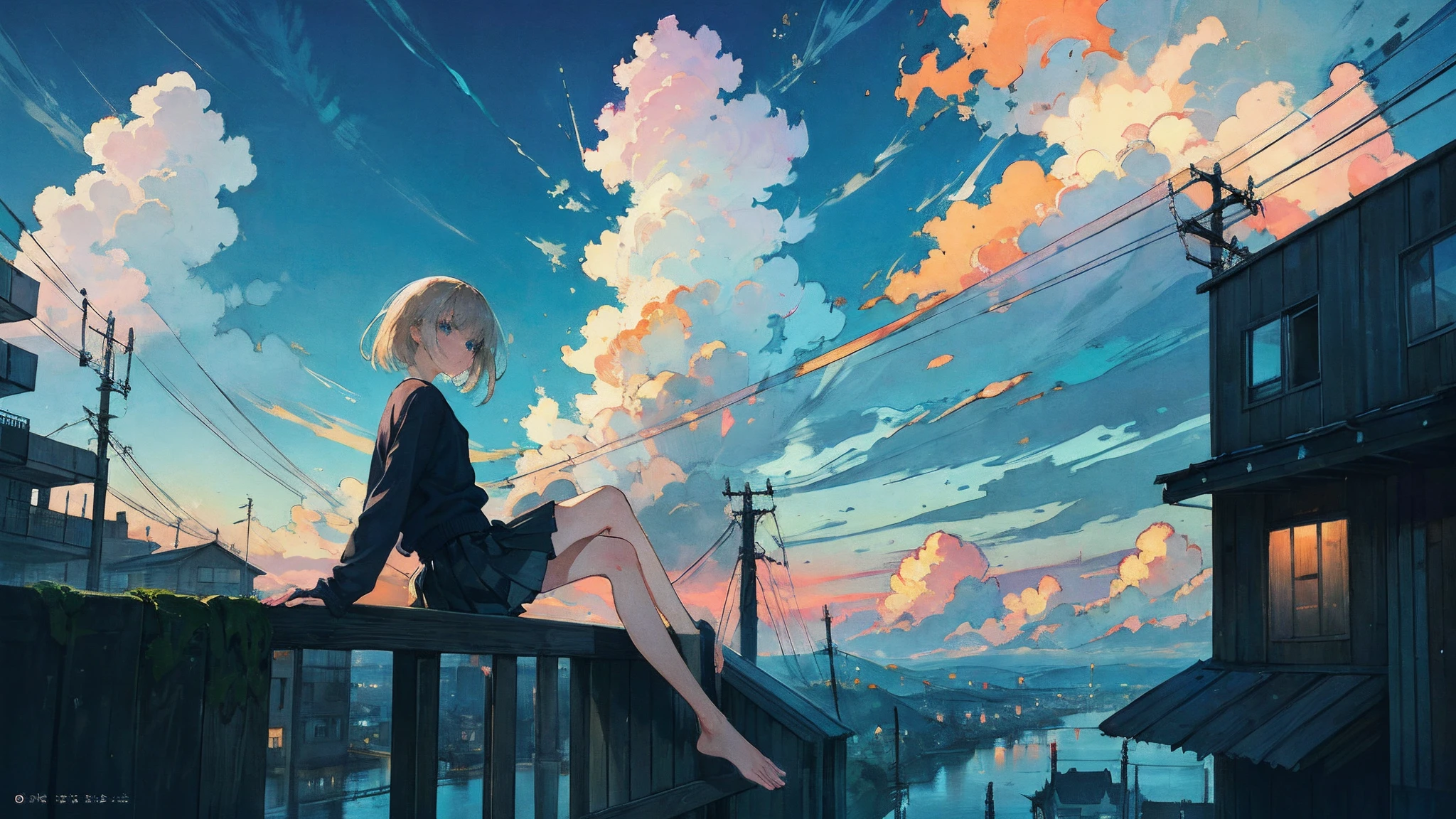 (Best quality),(Masterpiece),(Ultra detailed),(A high resolution),production art,1girll, sky, Barefoot, Solo, Cloud, Skirt, Sitting, Blue eyes, Outdoors, Blue sky, railing, day, Long sleeves, Sweater, Bare legs, Black skirt, sleeves past wrists, Pleated skirt, bangs, blue sweater, Cloudy sky, arm support, Bird, shirt, whaite hair, telephone poles, Medium hair, Power lines, school uniform, Building, Balcony, Closed mouth, From the side Side, Miniskirt, looks away, White shirt,Half of the empty space flows out on the left