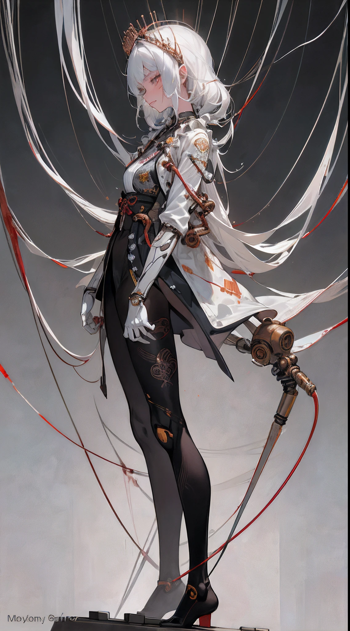 (masterpiece, top quality, best quality, official art, beautiful and aesthetic:1.2), (1girl:1.3), extreme detailed,colorful,highest detailed ((ultra-detailed)), (highly detailed CG illustration), ((an extremely delicate and beautiful)),(from side),cinematic light,((1mechanical girl)),solo,full body,(machine made joints:1.2),((machanical limbs)),(blood vessels connected to tubes),(mechanical vertebra attaching to back)expressionless,(wires and cables attaching to neck:1.2),(wires and cables on head:1.2)(character focus),science fiction, tubes on background, machines are attached to joints, multiple arms, white hair, white skin, looking at viewer, sword in hand, copper, bronze, crown, (black tights, japanese kimono pattern) perfect anatomy