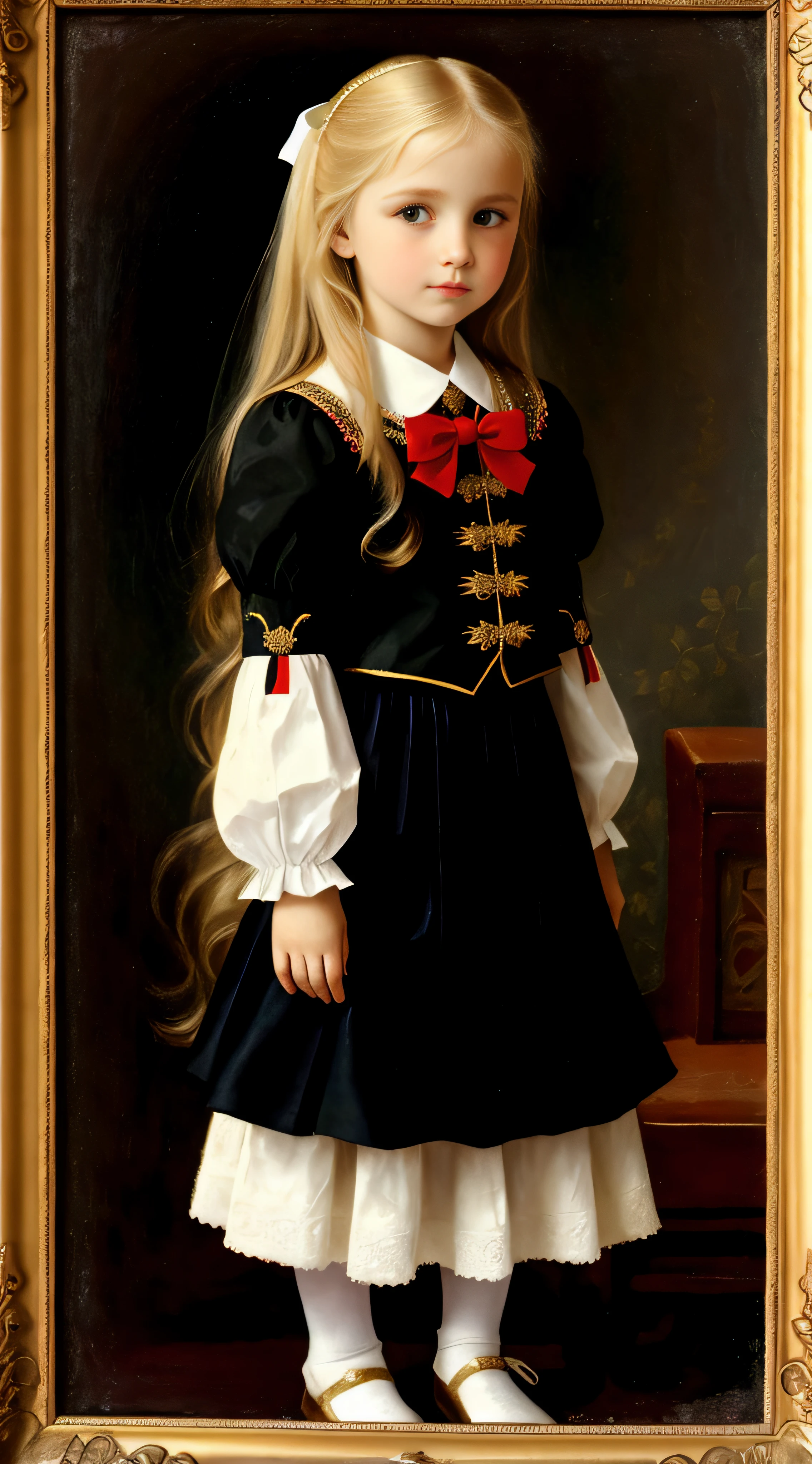 Russian, Girls Children , Portrait , Long blonde hair and bow,Layered skirt,Noble,opulent,cropped shoulders