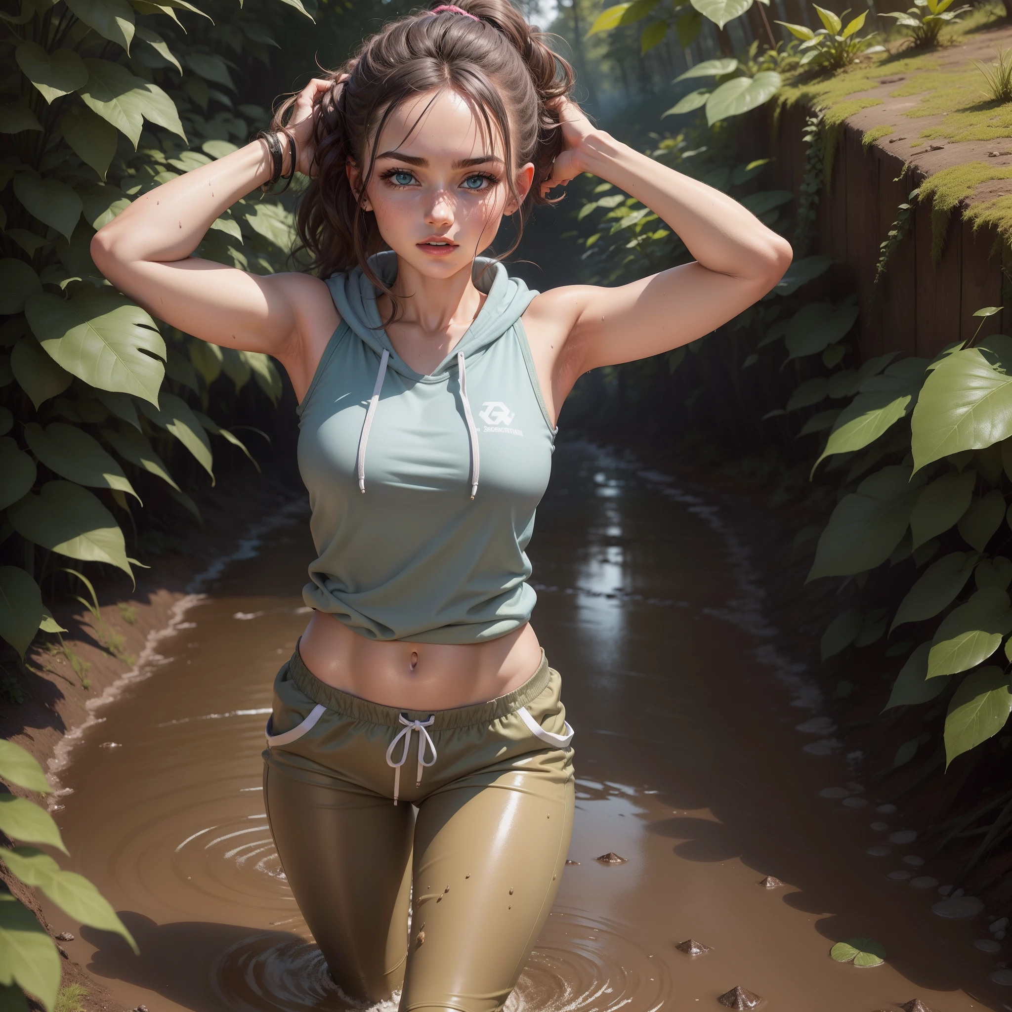Beautiful young woman,Laura Croft,long brown hair in a ponytail,beautiful detailed eyes,beautiful detailed lips,extremely detailed eyes and face,longeyelashes,big bouncing breasts,blue t-shirt and green jean shorts,white sox,black gloves,hiking boots,thigh gun holsters,(best quality,4k,8k,highres,masterpiece:1.2),ultra-detailed,(realistic,photorealistic,photo-realistic:1.37),HDR,UHD,studio lighting,ultra-fine painting,sharp focus,physically-based rendering,extreme detail description,professional,vivid Tomb Raider, Syfy, artists,beautiful young woman (Laura Croft),long brown hair in a ponytail (beautiful and detailed),big bouncing breasts,blue t-shirt and green jean shorts,white sox,black gloves,hiking boots,thigh gun holsters,sharp focus,ultra-detailed,portraits,physically-based rendering,vivid colors. Full body