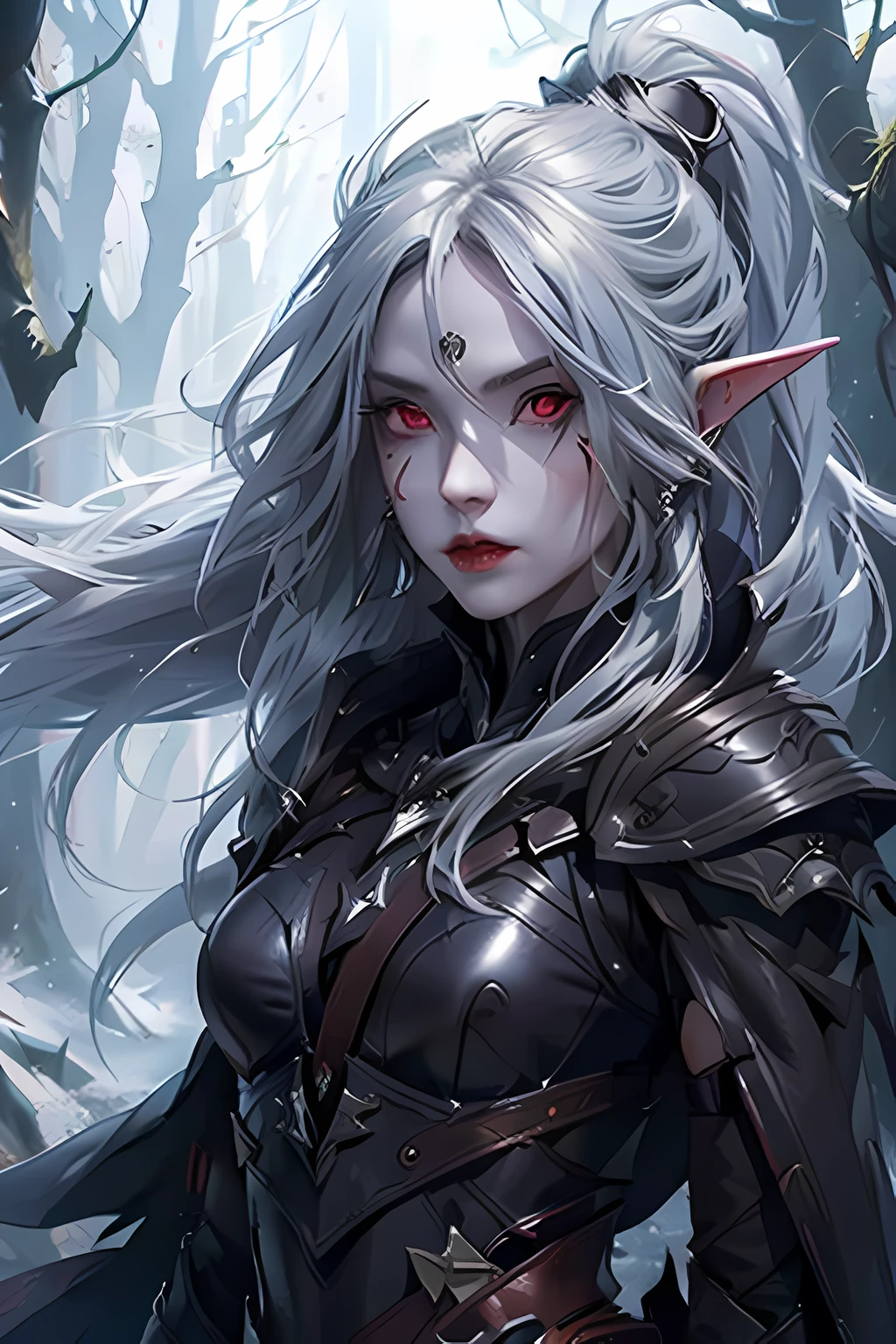 1girl, silver long hair, light red eyes, leather armor, rapier, dark forest, portrait, pointed ears, skin covered