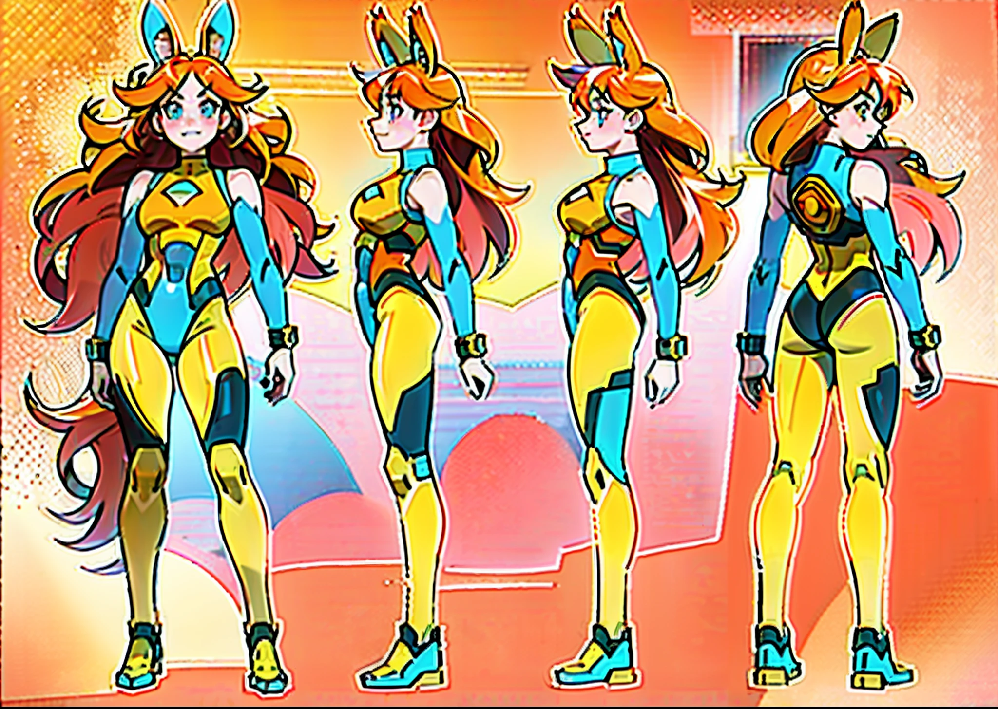 (masterpiece:1.2, best quality), 1woman, cute face, big eyes, round cubby cute face, smile, long legs, full body, adult mature female (spiky orange-pink hair, (orange-pink mullet 1.1)), (very long hair), blue eyes, (white/yellow pupil,) hero, sleeveless blue spandex bodysuit, long orange-pink rabbit ears, bodysuit ((masterpiece)), (((best quality))), (character design sheet, same character full body, front, side, back), Illustration, hair color, bangs, hair fax, eyes, environment change, pose kota, female, game design character sheet for 2d scrolling game, point and click adventure game character, full body, model sheet turnaround, full color, two thirds wiew, front::4 view and back view –v 4 –ar 3:2