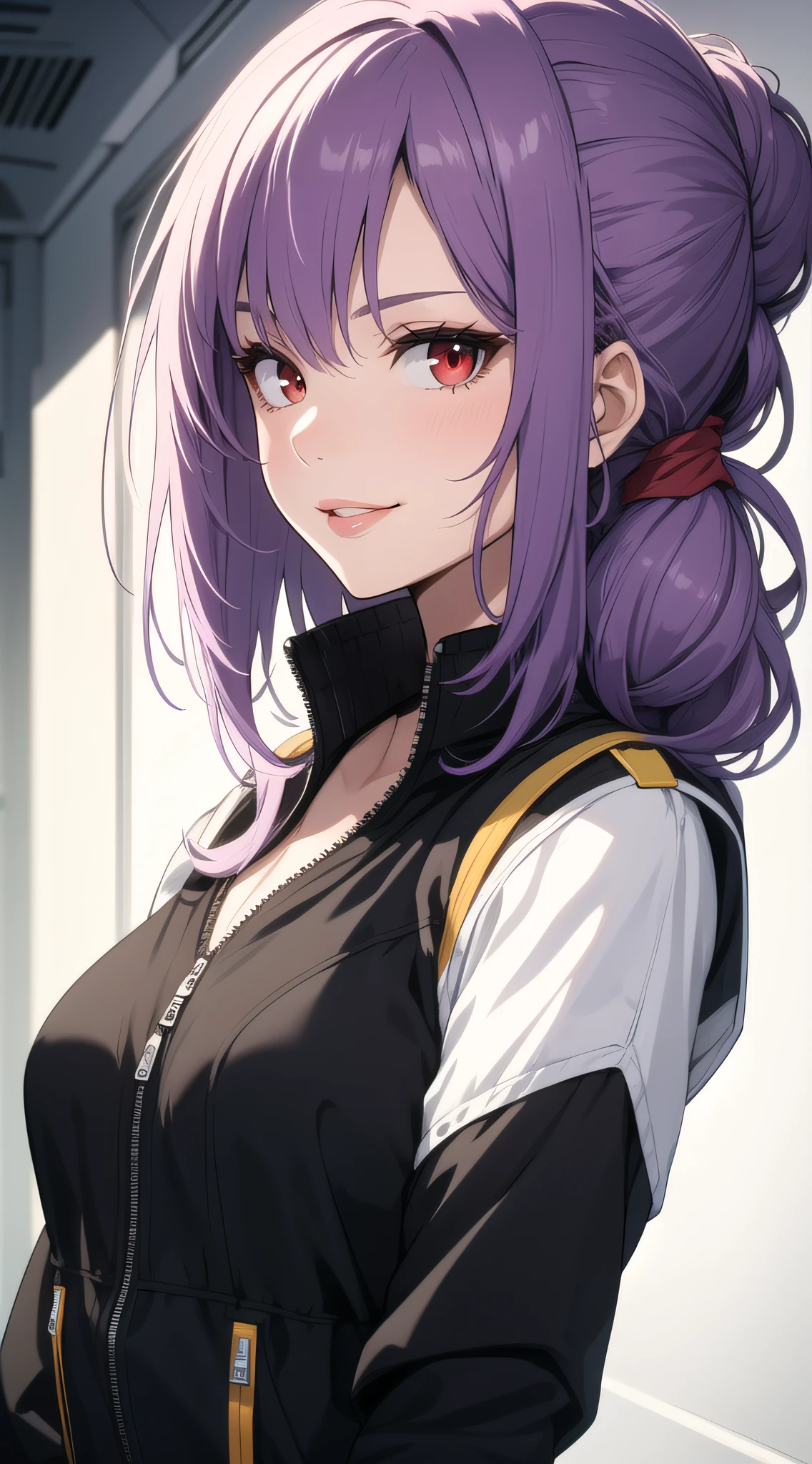 (masterpiece, best quality), intricate details, thin, ((slim)), beautiful girl, Purple hair tied up, white skin, dark red eyes, sharp jawline, crop jacket, messy hair, plump lips, upper body, close up, smirk