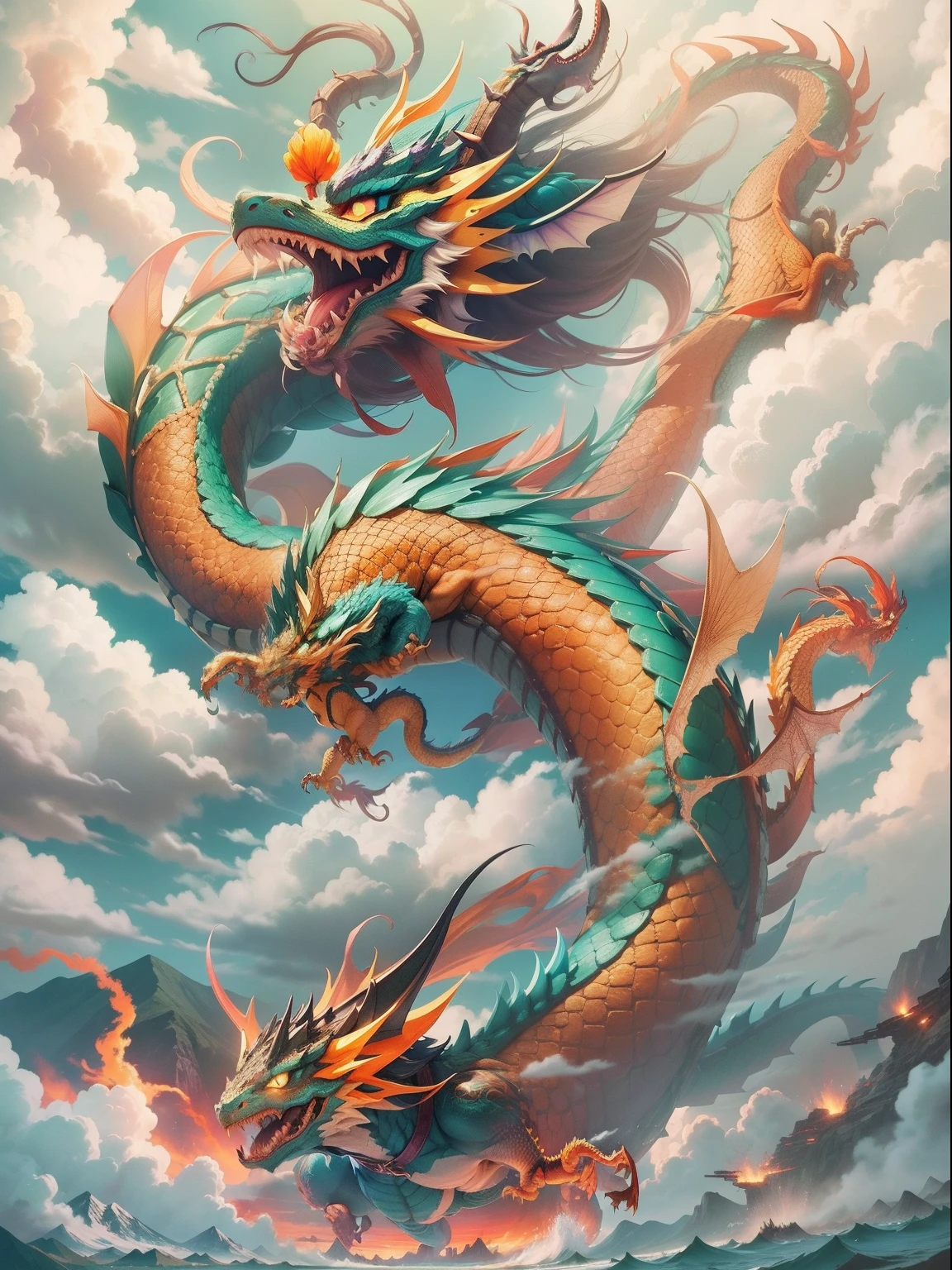 Describe the scenario with the yellow Chinese dragon, Flying through the blue sky. The dragon has a long, shapely body, with strained eyes and sharp claws. Its wings are majestic, and the mouth is open in a mighty roar. How the dragon flies, Fluffy white clouds begin to form after them, Painted with bright colors, Like pink, orange, green and purple. The sky around is clear and shining blue, At first, you can't see the clouds. The combination of multi-colored clouds with a blue sky creates a beautiful and captivating contrast. In addition, Around the dragon and in the landscapes of the sky, brightly colored flowers and foliage appear, Like red, green, yellow, purple and blue, which add a fun and lively atmosphere to the scene. Imagine this landscape with all its beauty and liveliness, and visualize a yellow Chinese dragon with the letter A, flying through the sky in this wonderful environment.