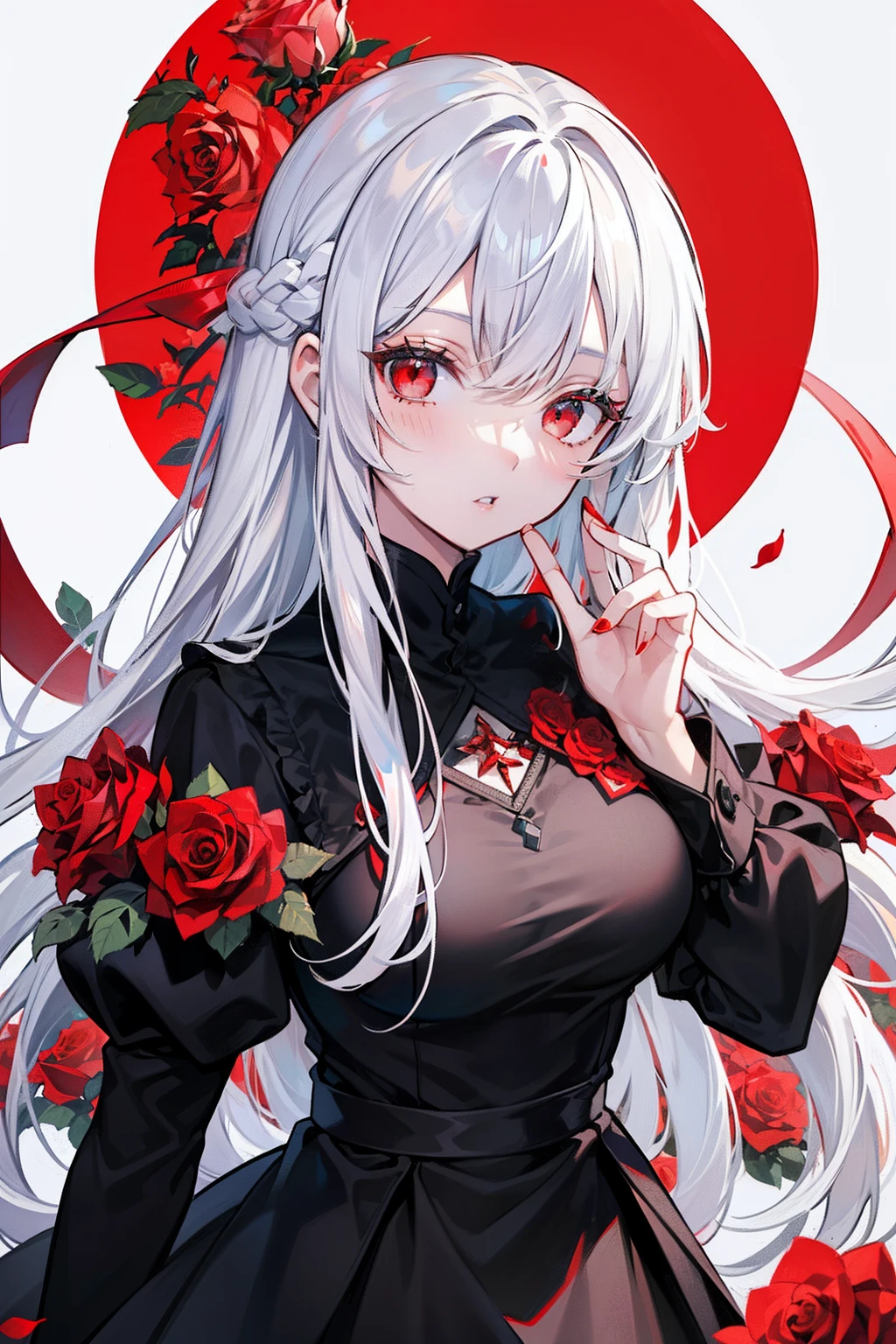 (top-quality、​masterpiece)、(1girl in、独奏、Black Dress、is standing、Look at viewers、White hair、red eyes、There are roses、Keep your mouth shut、The upper part of the body)、(Red Dream Catcher in the Back、Red flowers、)、Red mesh hair、length hair、beautidful eyes、Beautiful lips、The upper part of the body