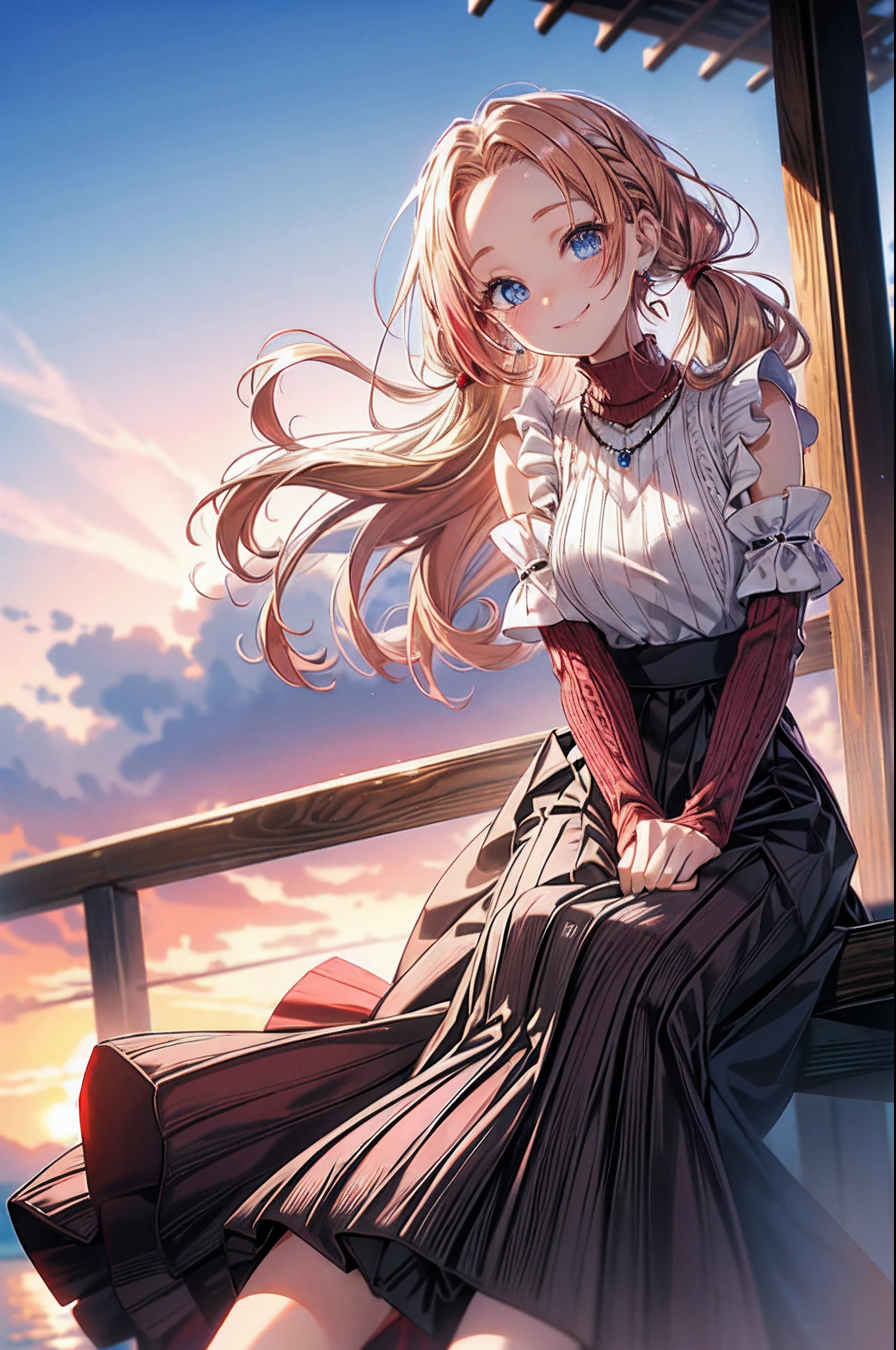 absurderes, ultra-detailliert,bright colour, extremely beautiful detailed anime face and eyes, view straight on, ;D, shiny_skin,25 years old, Short hair, (Forehead:1.3), Blonde hair with short twin tails, Shiny hair, (Red High Neck Knit:1.5),Delicate beautiful face, red blush、(Blue eyes:1.3), White skin, hair clips, earrings, a necklace,(Happy smile:1.4),Beautiful cloud,(Pink pumps),Dusk sky,(Black long skirt:1.6), (Sit up)