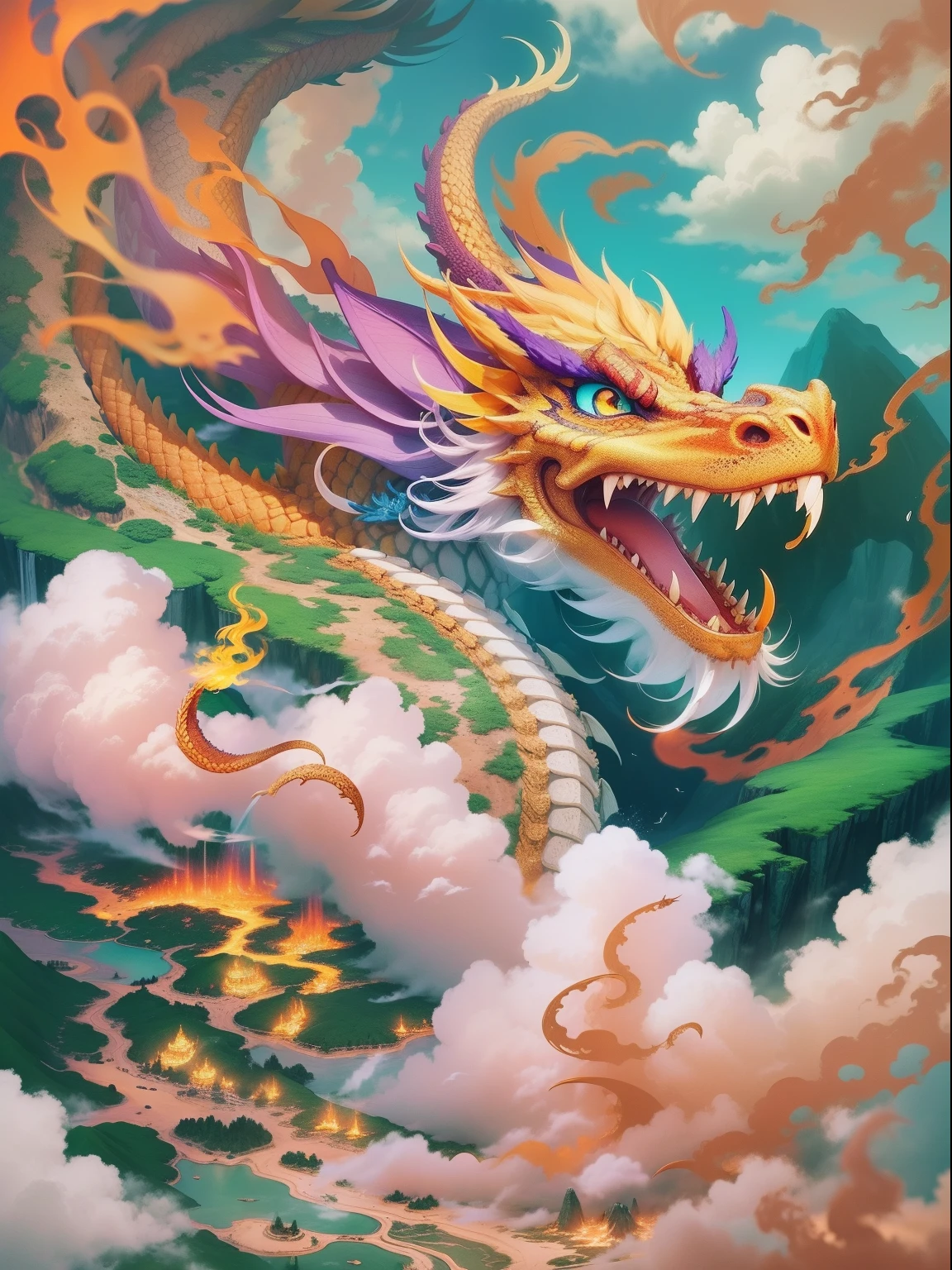 Describe the scenario with the yellow Chinese dragon, Flying through the blue sky. The dragon has a long, shapely body, with strained eyes and sharp claws. Its wings are majestic, and the mouth is open in a mighty roar. How the dragon flies, Fluffy white clouds begin to form after them, Painted with bright colors, Like pink, orange, green and purple. The sky around is clear and shining blue, At first, you can't see the clouds. The combination of multi-colored clouds with a blue sky creates a beautiful and captivating contrast. In addition, Around the dragon and in the landscapes of the sky, brightly colored flowers and foliage appear, Like red, green, yellow, purple and blue, which add a fun and lively atmosphere to the scene. Imagine this landscape with all its beauty and liveliness, and visualize a yellow Chinese dragon with the letter A, flying through the sky in this wonderful environment.