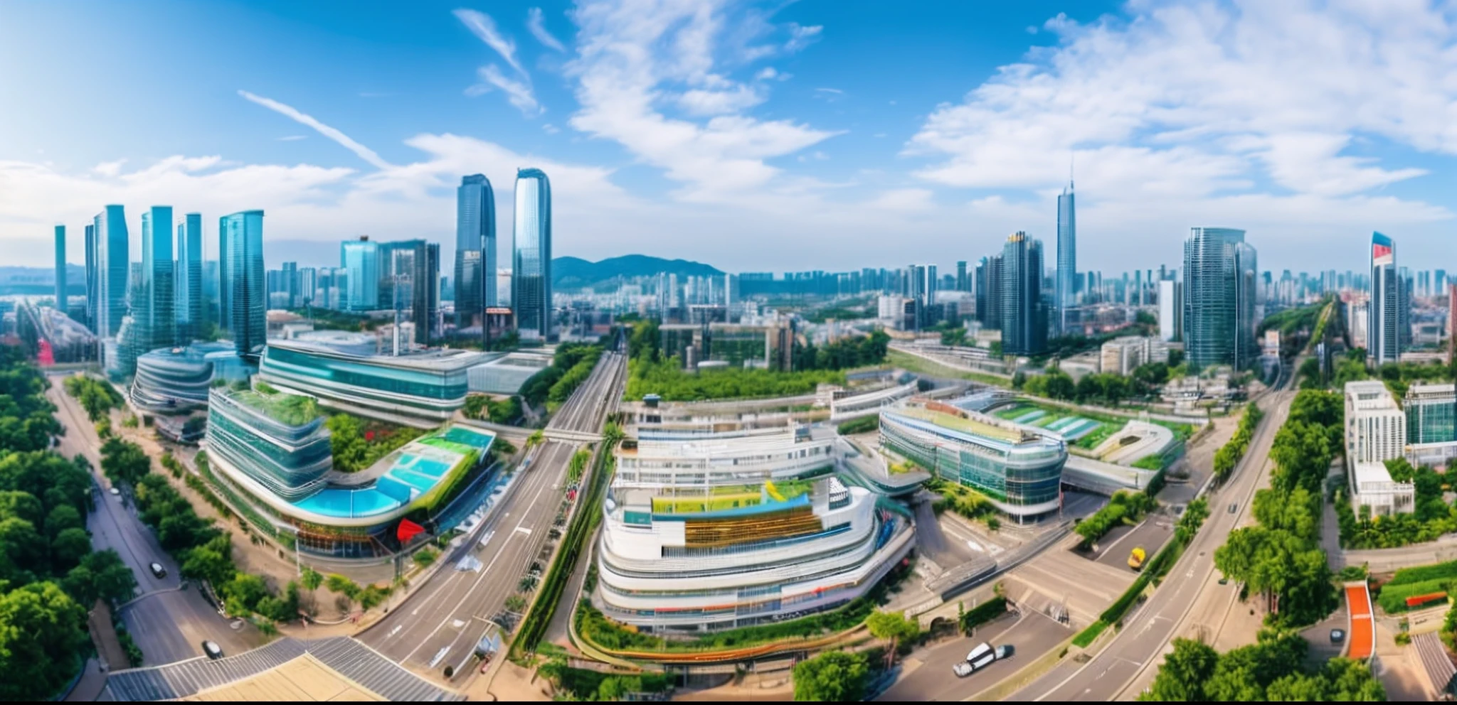 arafed view of a city with a lot of buildings and a lot of trees, Vibrant and dynamic, wide wide shot, shenzhen, wide long shot, wide angle shot from above, tech city in the background, drone view of a city, wide - angle shot, wide long view, Wide view, shot on a 9.8mm wide angle lens
