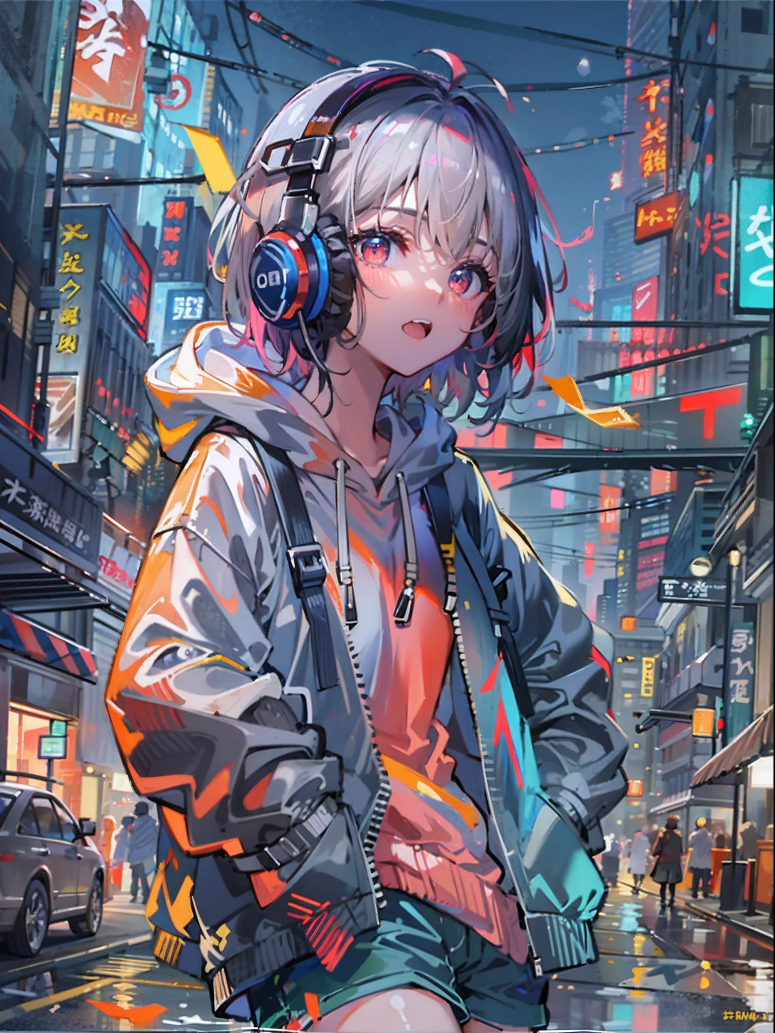 8K分辨率、((top-quality))、((masterpiece))、((ultra-detailliert))、1 woman、独奏、incredibly absurdness、Oversized hoodies、headphones、Street、plein air、Sateen、neons、Shortcut Hair、Brightly colored eyes、Hands in pockets、shortpants、water dripping