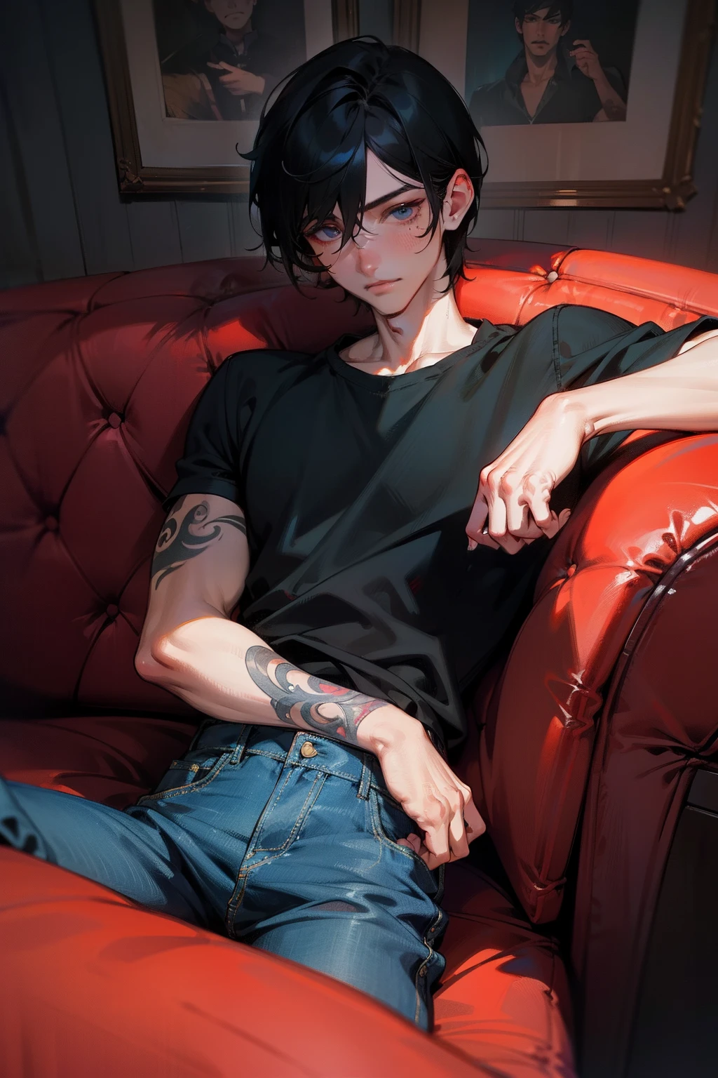 tmasterpiece,Need,Boys are needed,Extremely handsome,Need,denim pant,super-fine,Need,Need,with short black hair,damp hair,short detailed hair,eyes with brightness,looking at viewert,A high resolution,Need,Libido boy,Need,illustratio, college aged,juvenile sense,Navy blue tattoo on the back,sitted,Red sofa,canvas, oil painted, Realistic, Realist,Real,