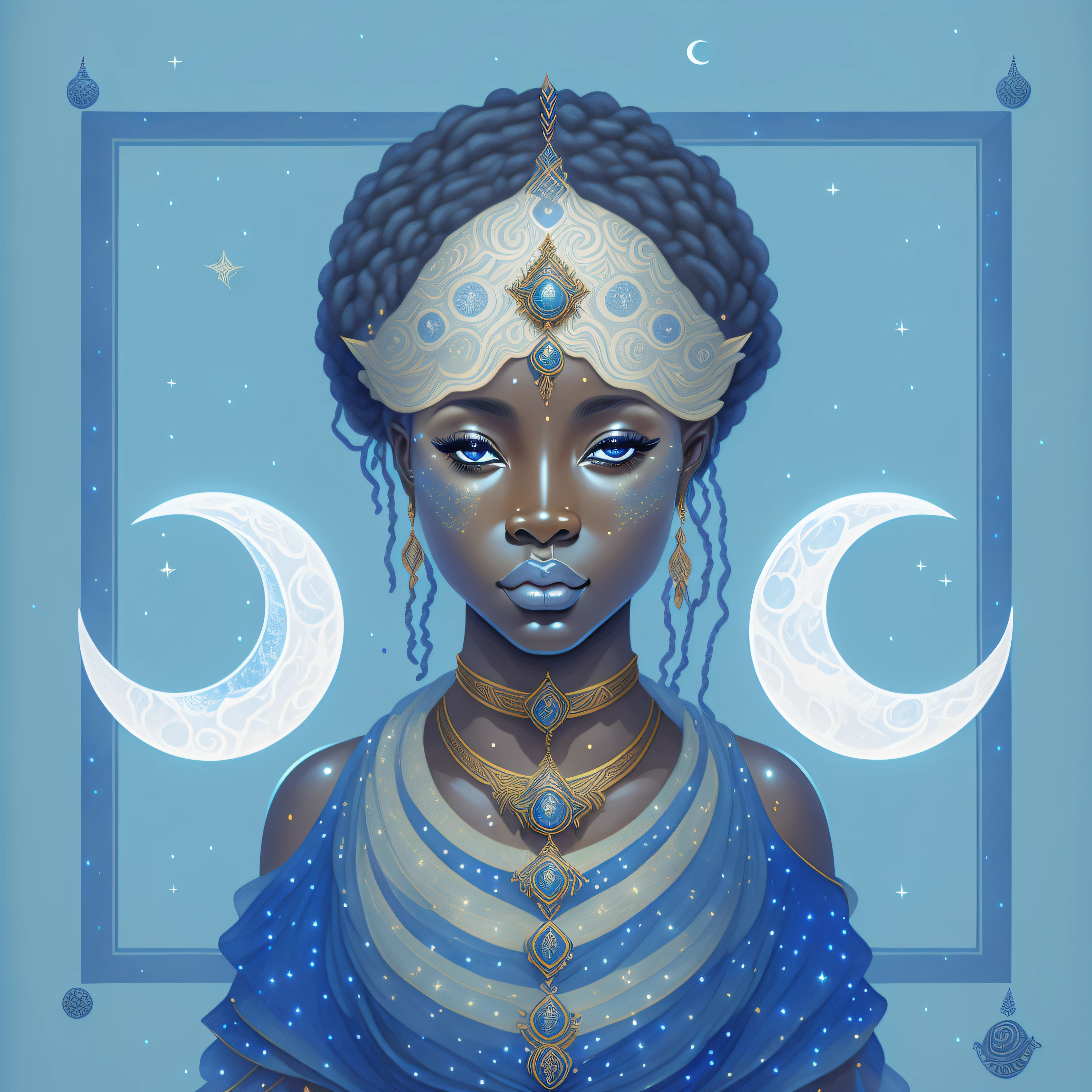 Illustration of a woman with a blue dress and a star and moon, pele escura deusa feminina do amor, portrait of a norse moon goddess, Retrato da Deusa, Princesa negra africana, Deusa da Lua, portrait of a cosmic goddess, sacerdotisa, Um retrato impressionante de uma deusa, Retrato da princesa asteca, Deusa Celestial, Deusa da Lua, deusa lunar