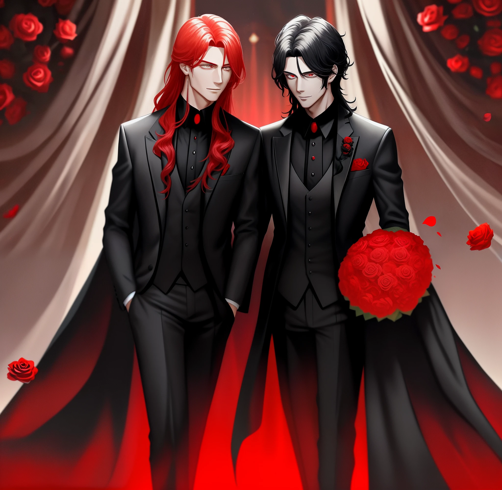 Two handsome men,A man with long bright red hair,Black tiara,Black and red gradient eyes,45° side,Head up,A ray of light illuminated the eyes,Look at the light source,gentleness,Black suit,Crimson roses pinned to the chest;Another man with short black hair,Slightly curly hair,黑The eye,red pupils,Black suit,Bright red roses pinned to the chest,Smile at each other,gentleness。Standing back-to-back,upperbody closeup,with black background,The head is illuminated,Artistic style,Wedding photos of two men,blissful,The years after the disaster were calm
