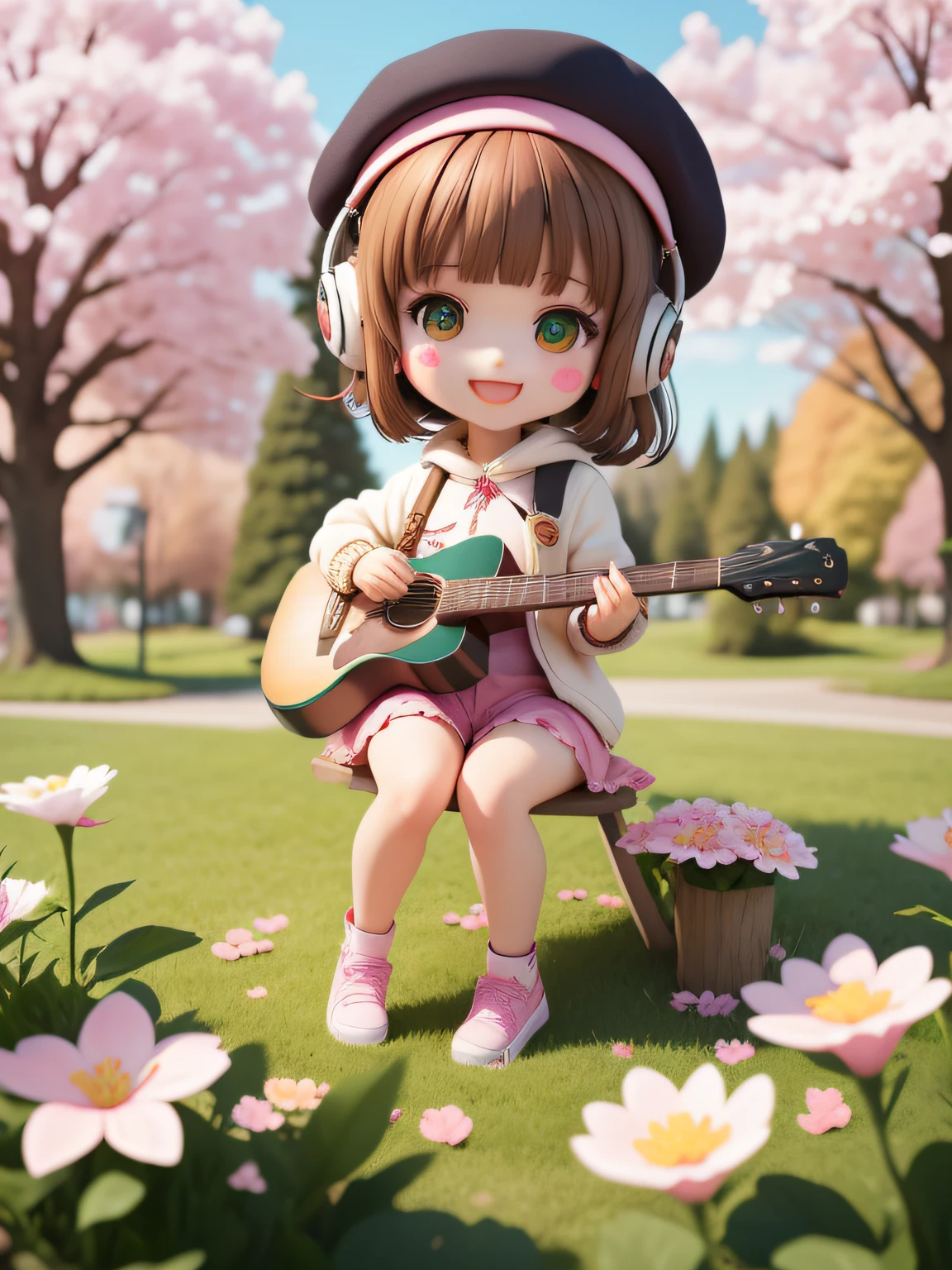 (masterpiece), (best quality), (ultra-detailed), (full body: 1.2),
1girl, chibi, cute, smile, mouth open,
flower, outdoor, playing guitar, music, beret, holding guitar, jacket, blush, tree, :3, shirt, short hair, cherry blossoms, green headgear, blurry, brown hair, blush stickers, long sleeves, bangs, headphones, black hair, pink flower,
(beautiful detailed face), (beautiful detailed eyes),
