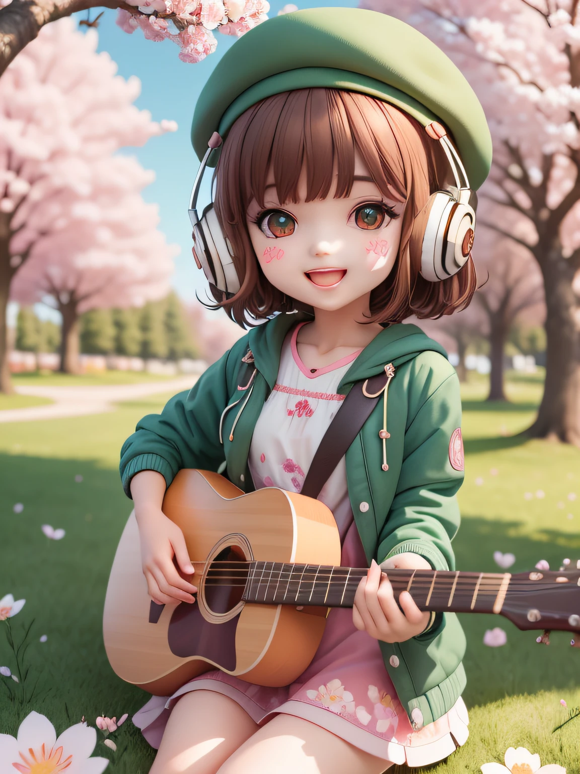 (masterpiece),(best quality),(ultra-detailed), (full body:1.2),
1girl,chibi,cute, smile, open mouth,
flower, outdoors, playing guitar, music, beret, holding guitar, jacket, blush, tree, :3, shirt, short hair, cherry blossoms, green headwear, blurry, brown hair, blush stickers, long sleeves, bangs, headphones, black hair, pink flower,
(beautiful detailed face), (beautiful detailed eyes),