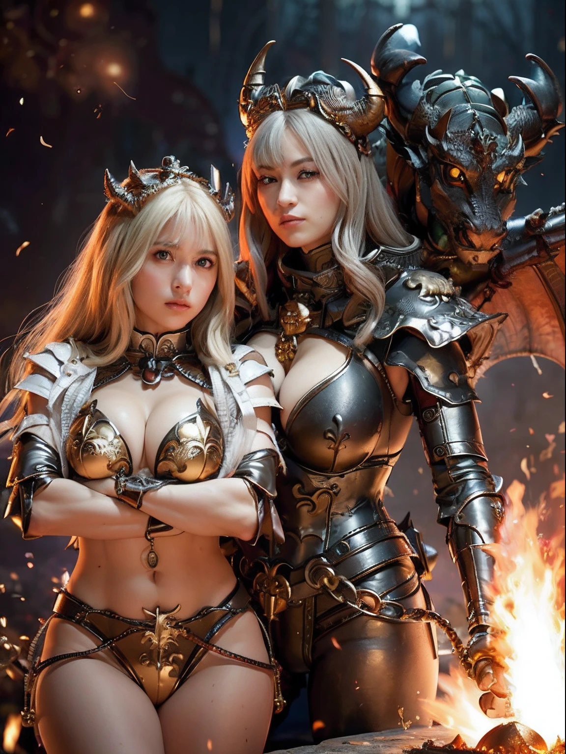 Professional , masterpiece、top-quality、photos realistic , depth of fields 、(Dragon Black Metal Body:1.9),(Mattretto、(cleavage of the breast)、Dragon Gold Weapon、(Micro Bikini Armor:1.4),Gorgeous gold weapons ,Particles of light、Particles of light、(( Dragon's dense and gorgeous sword)) , (demonic wings)、((a blond))、(Castle background)、Fight dragons、((Gangle's forest background))、Take intense poses、Beautiful Caucasian beauty、1a person、dynamic ungle,(((Detailed and ornate dragon helmet)))、Smaller head、A smile、Castle background、Thin and beautiful female hands、cleavage of the breast、Soldier in iron armor on background、Mystical expression、Light Effects、intense fighting、Wind-effect、magic circles、With the legendary magic wand、Dragon's tail、explosions、