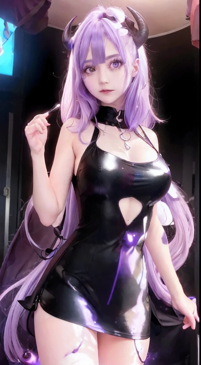 1girl, cleavage, green eyes, long light purple hair, black latex, cleavage cutout, dark glossy lips