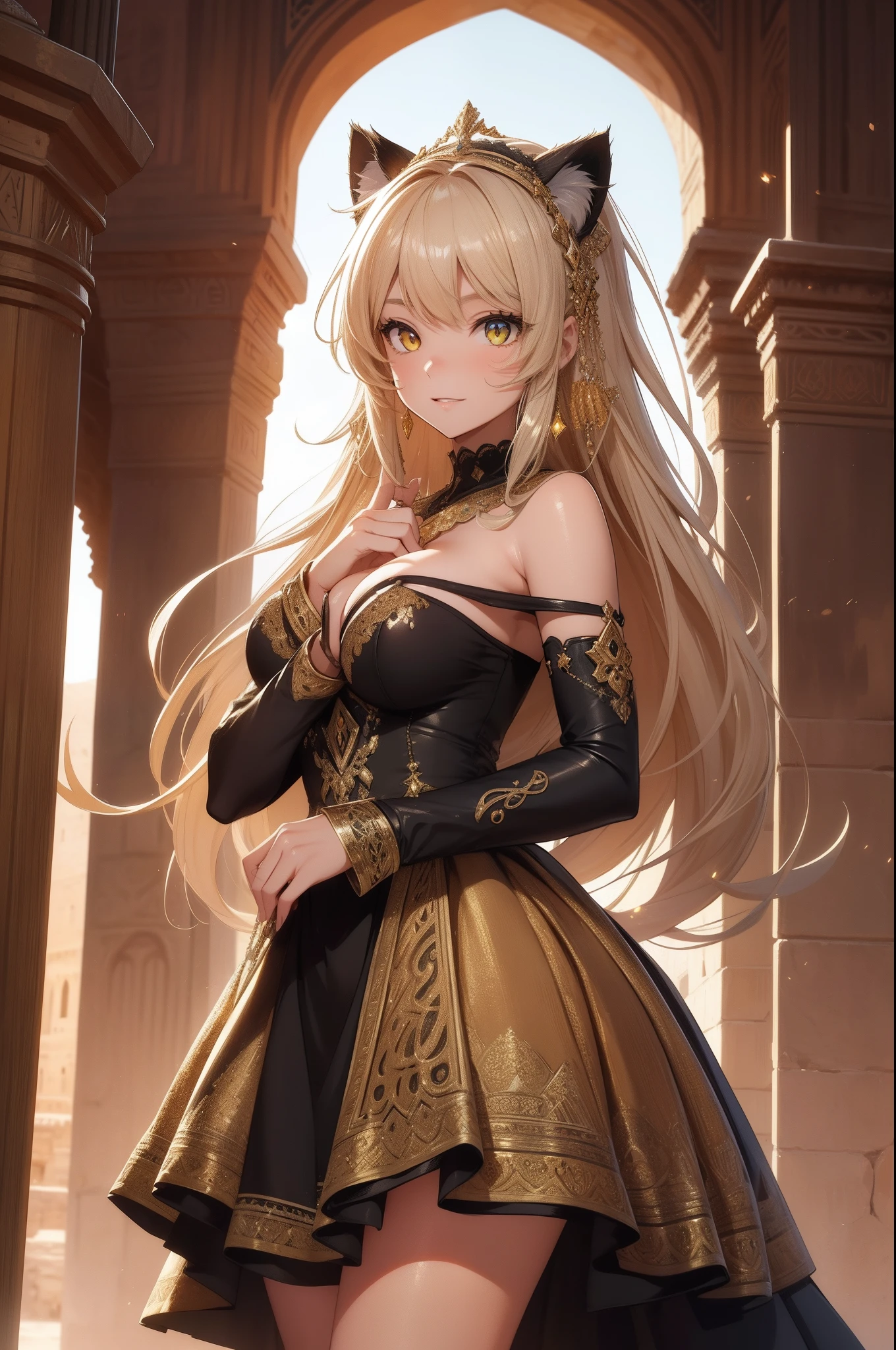 (Masterpiece), (best quality), hight resolution, ultra-detailed, (hyper detailed background, Detailed background), highly detailed, photorealistic, 1 beautiful and gorgeous girl, (cat ears), off-shoulder, North African Islam, Alhambra palace, (Islamic Africa:1.2), Colorful, in desert, Long Long Platina Bond Shining Hair, Big yellow crystal eyes, smile, dancing, light, broken glass, a girl with lion, shining brightly, ((3D)),