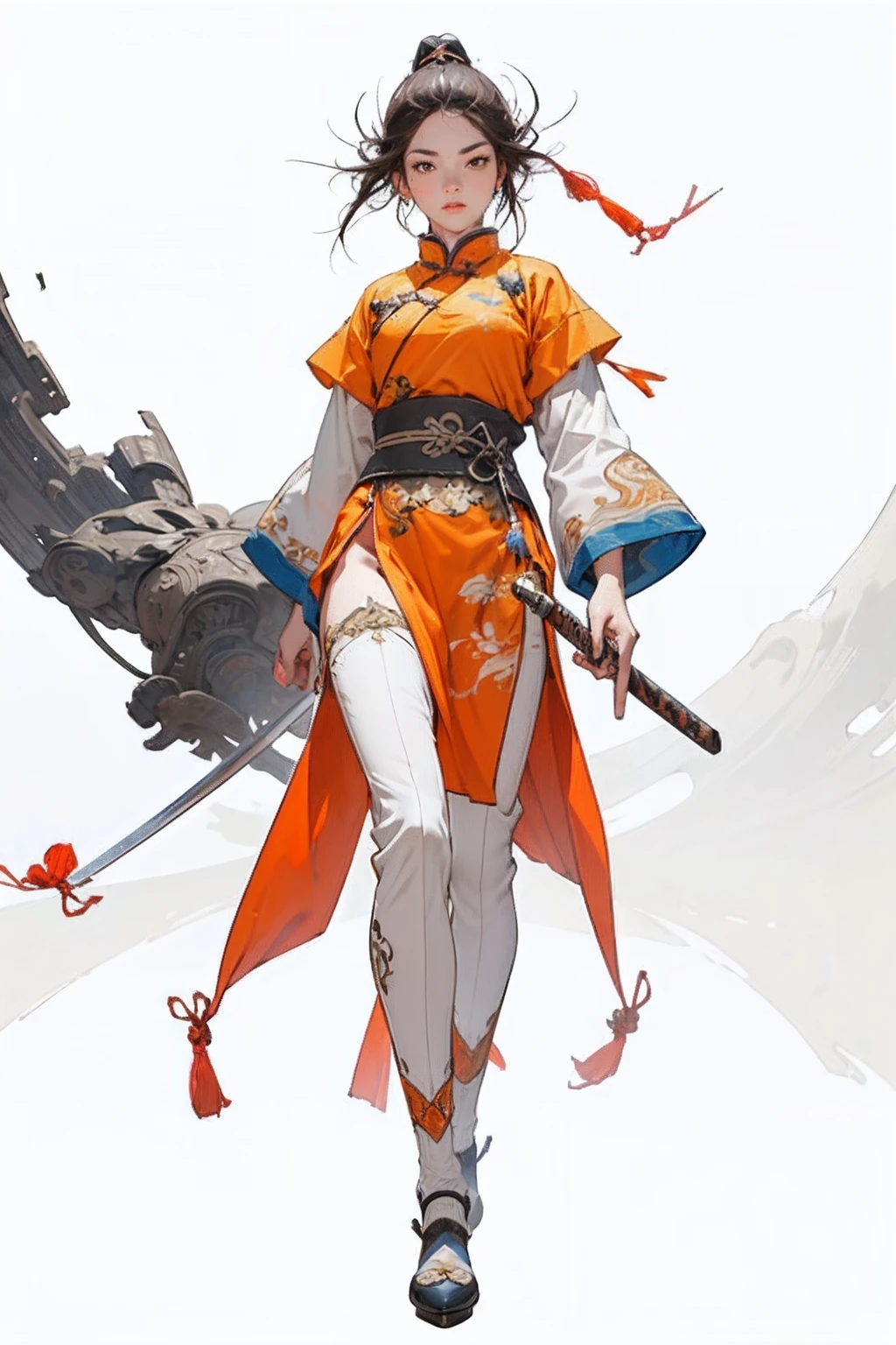 ((full body)) Best quality,head,original_outfit,clear details,masterpiece, best_quality, clear details,1 girl,((white and yellow and blue clothes)), no red color , blue accent color ,detailed skin texture,detailed cloth texture, beautiful detailed face, ultra detailed,photorealism,dark brown hair, clear pupils,brown eyes, clear face,full body,warrior female, (holding chinese sword), ancient china, wind theme, chinese crane pattern on clothes, chinese pattern