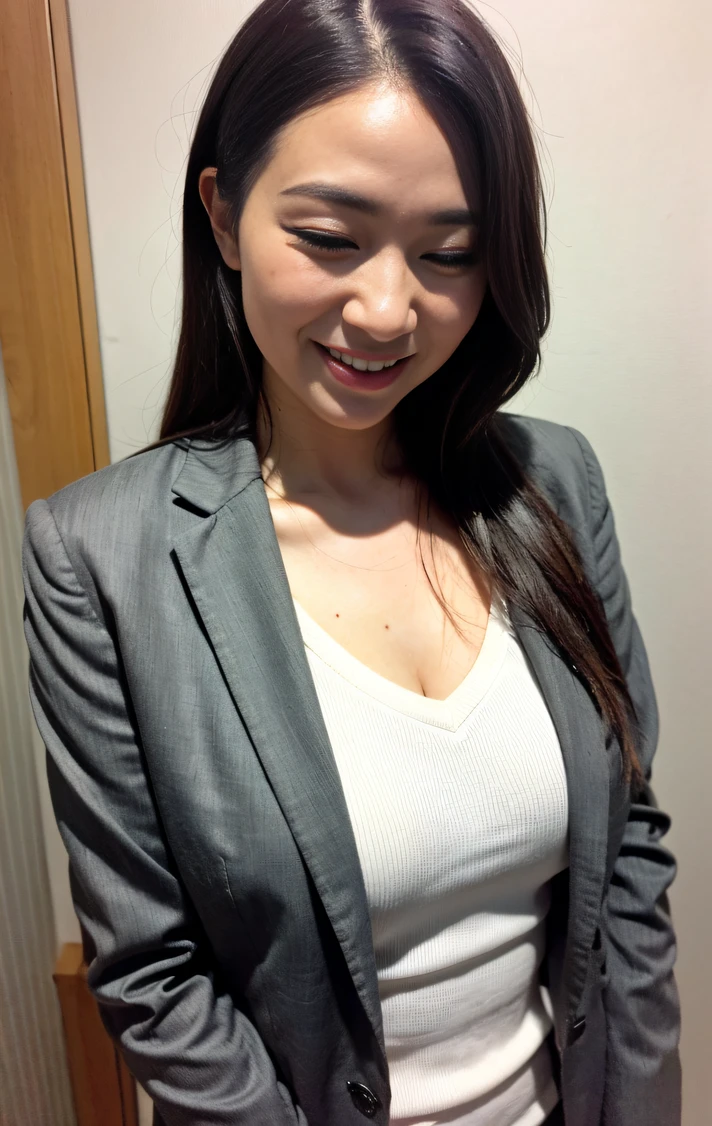 masterpiece,best quality, (1 milf), ((close up:1)), ((cross arms)), glare, gray blazer, white shirt, double eyelid, eyelash, lip gloss, (smile:1), ((Erotic:0)), ((close eyes:0.85)), ((open mouth:1, point to own chest:1)), ((Looking at Viewer)), RAW, (from above:0.2), ((nobody)), office,