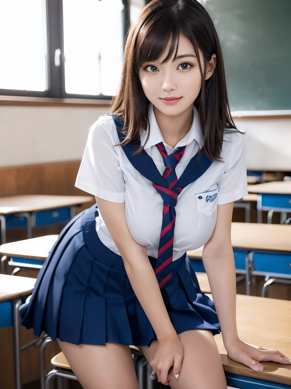 (Super beautiful)、(beauitful face:1.5)、1womanl、(Clear pubic contours)、with spreading legs、(FULL BODYSHOT:1.1)、(Moaning at climax:1.1)、(ecstacy:1.5)、(high-school uniform:1.3)、(a miniskirt:1.1)、in class room、Sweating、Wet body and hair、(At SFW:1.1)