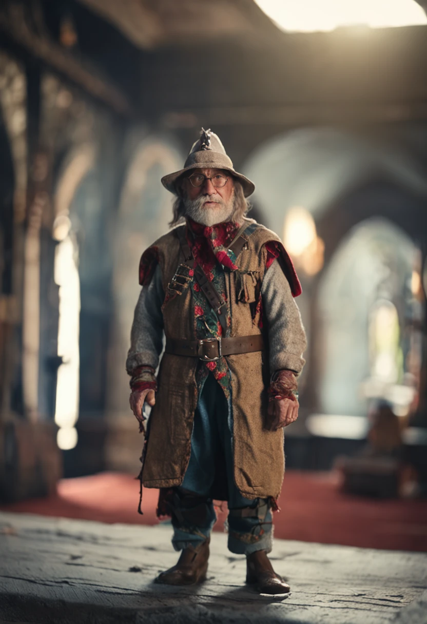 Tailor fleece, 60 years old, small hat, Glasses, Light color and wrinkles of the skin, In a dark room, Characters in Dungeons & Dragons, Cinematic, photoshoot, Shot on 25mm lens, Depth of field, Tilt Blur, Shutter speed 1/1000, f/22, White balance, 32K, Hyper-Resolution, Pro Photo RGB, Halfrear Lighting, Backlight, Dramatic lighting, Incandescent Lamps, Soft lighting, volumetr, Conte-Jour, Global illumination, Screen Space Global Illumination, Scattering, Shadows, Rough, Shimmering, lumen reflection, screen space reflextions, Diffraction Grading, color difference, GB displacement, scanlines, Environmental occlusion, Anti-aliasing, fKAA, TXAA, RTX, SSAO, OpenGL-Shader's, post-proces, postproduction, cellshading, Tone-mapping, .CGI, vfx, SFX, insanely detailed and intricate, hyper-maximalist, elegant, Dynamic pose, Photography, volumetr, Ultra-detailed, Intricate details, Super detailed, Environment – Uplighting – V 4 – Q 2 -