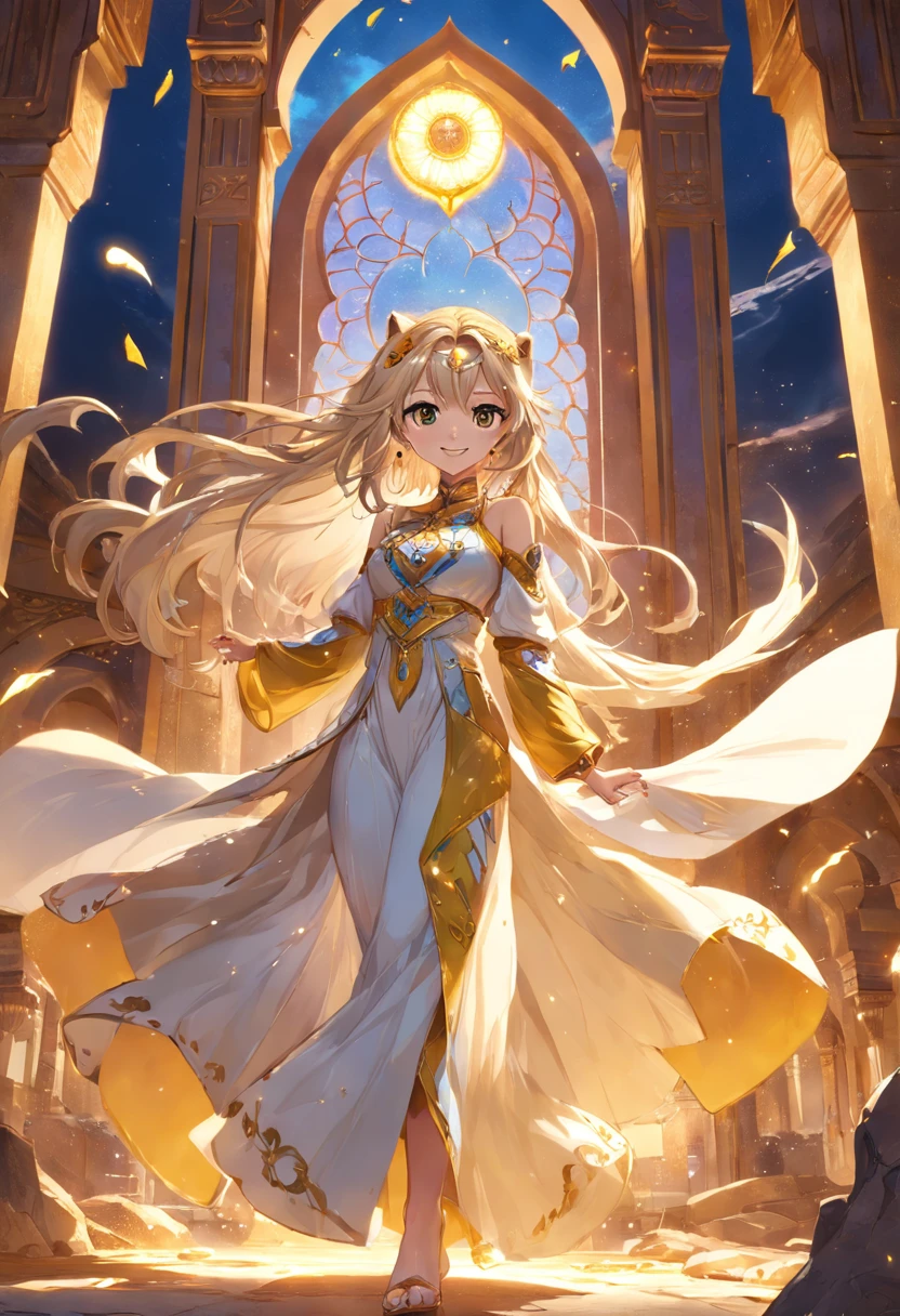 (Masterpiece), (best quality), hight resolution, ultra-detailed, (hyper detailed background, Detailed background), highly detailed, photorealistic, 1 beautiful and gorgeous girl, (cat ears), off-shoulder, North African Islam, Alhambra palace, (Islamic Africa:1.2), Colorful, in desert, Long Long Platina Bond Shining Hair, Big yellow crystal eyes, smile, dancing, light, broken glass, a girl with lion, shining brightly, ((3D)),