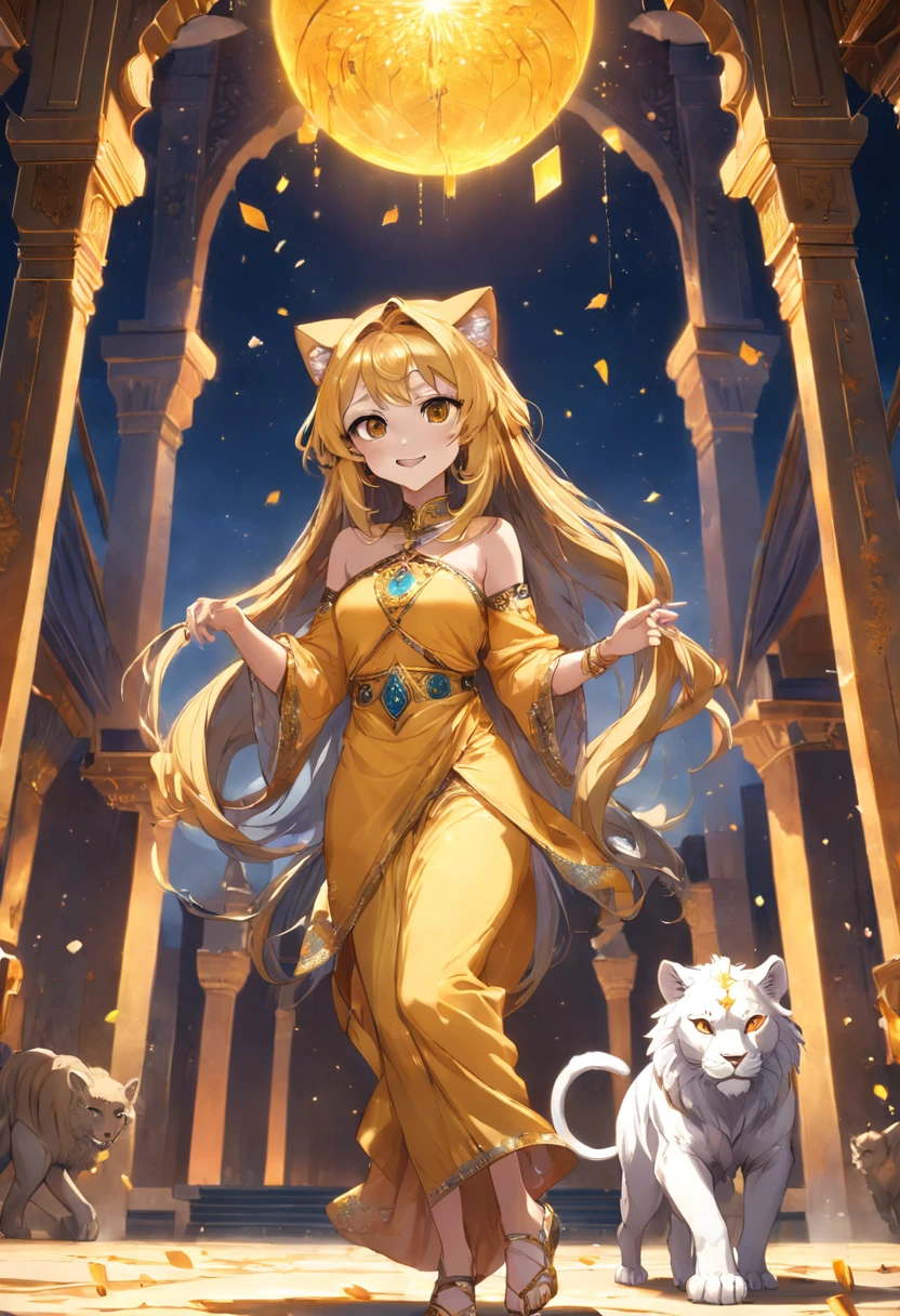 (Masterpiece), (best quality), hight resolution, ultra-detailed, (hyper detailed background, Detailed background), highly detailed, photorealistic, 1 beautiful and gorgeous girl, (cat ears), off-shoulder, North African Islam, Alhambra palace, (Islamic Africa:1.2), Colorful, in desert, Long Long Platina Bond Shining Hair, Big yellow crystal eyes, smile, dancing, light, broken glass, a girl with lion, shining brightly, ((3D)),
