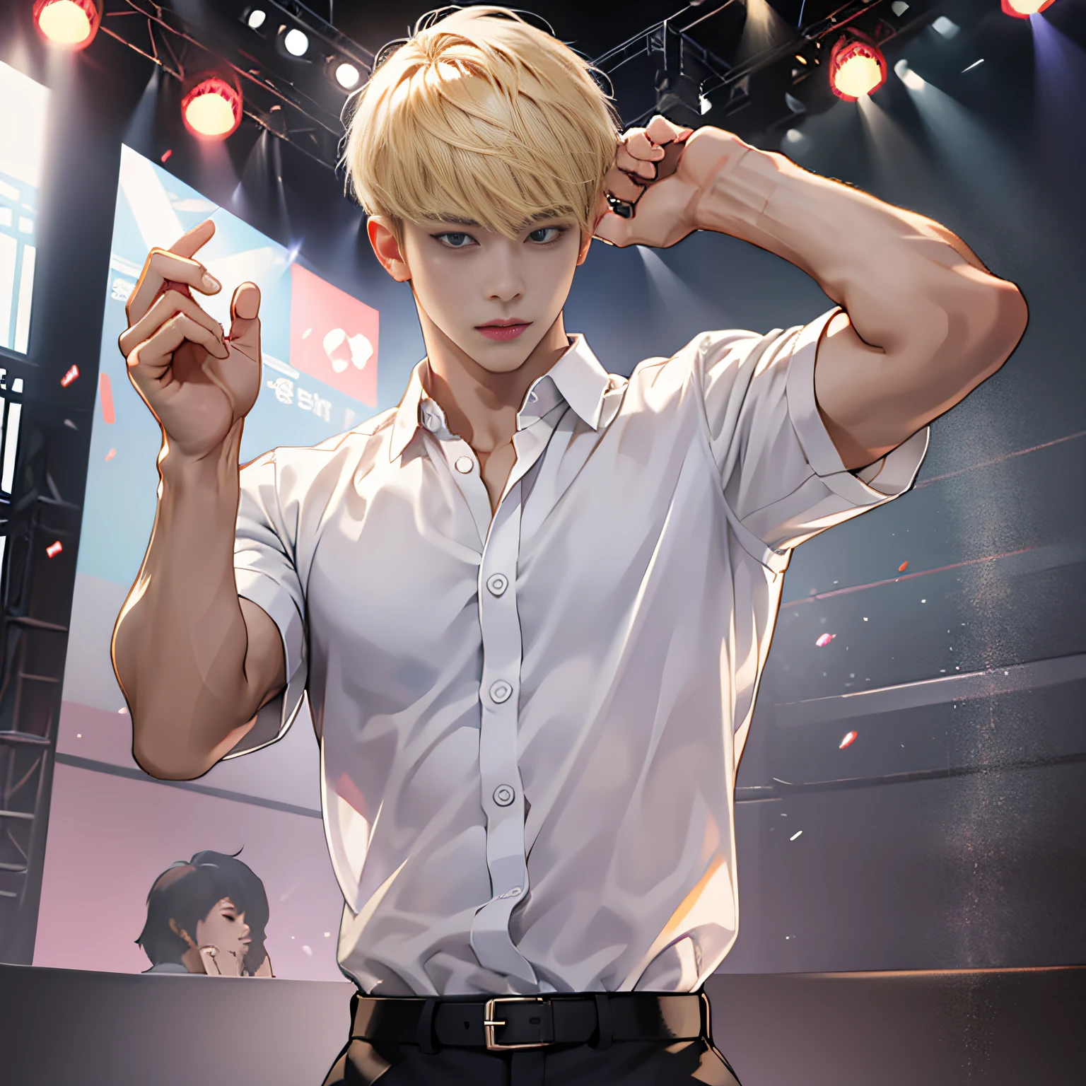 Korean blond short-haired male idol, white shirt, handsome face,stage, perfect face, dancing,