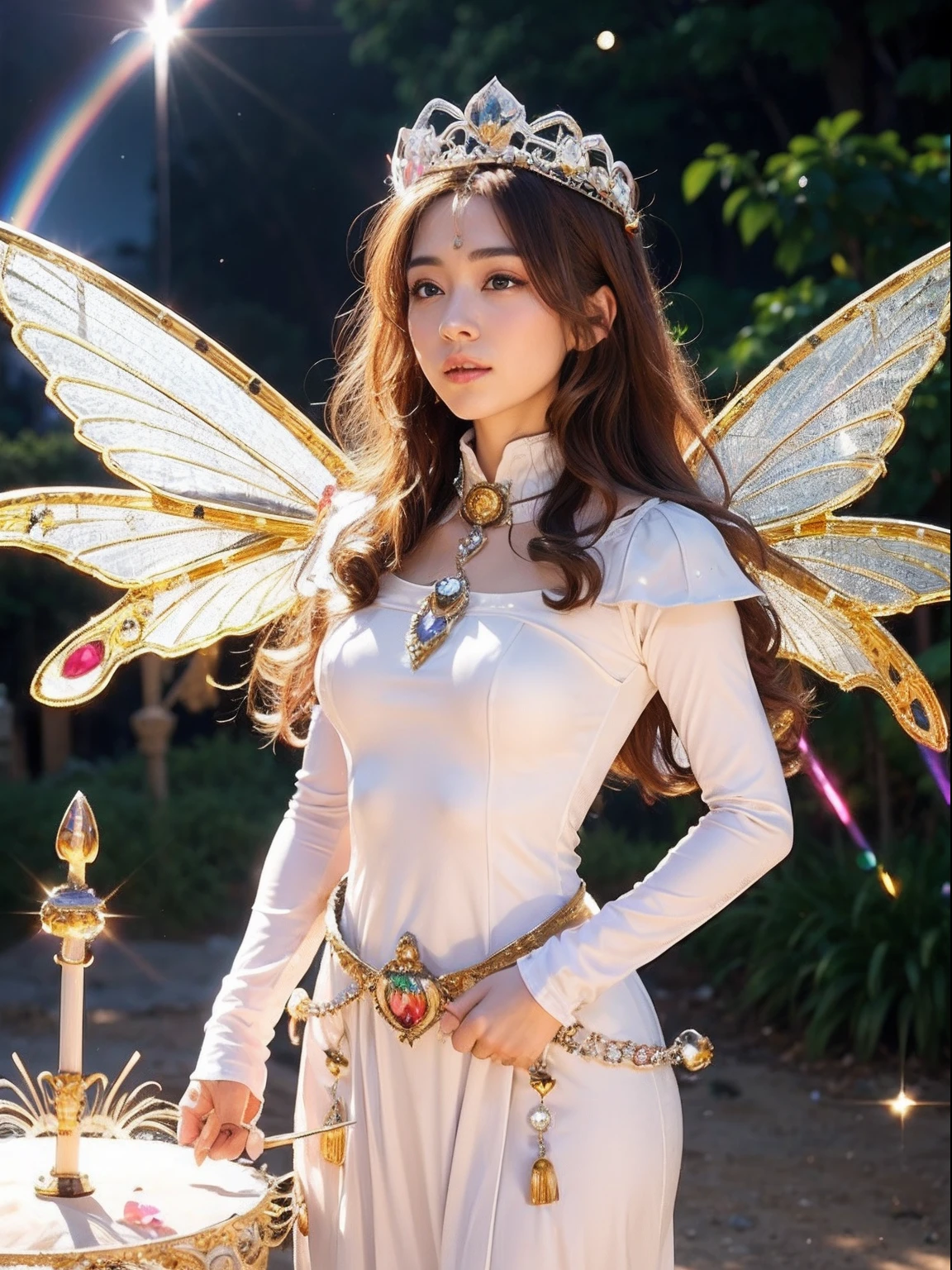 Professional , masterpiece、top-quality、photos realistic , depth of fields (Gemstone Silver Metal Body:1.9),(Matte White Pink、Jewel Gold Weapon、(Gorgeous castle background)、(ultimate beauty girl)、(Rainbow fairy wings grow)、Particles of light、(Metal body of iridescent gemstones:1.9),Gorgeous Jewel Metal Weapons , Detailed Sword of the Brave ,( a blond) , adepta sororitas,Detail and ornate jewel crown、独奏、Brown hair、Mystical expression、(Gangle's forest background)、Beautiful Caucasian beauty、1a person、dynamic ungle,(((Diamond tiara with detail and luxury)))、a small face、Beautiful poses、(Gorgeous castle background)、huge filesize、Beautiful girl at 16 years old、Stand in the center of the screen、Thin female fingers、Straight long hair、Beautiful Caucasian beauty、(maikurobikini)、Hair fluttering in the wind、face forwards、Look at viewers、(Armpit)、Armpit、