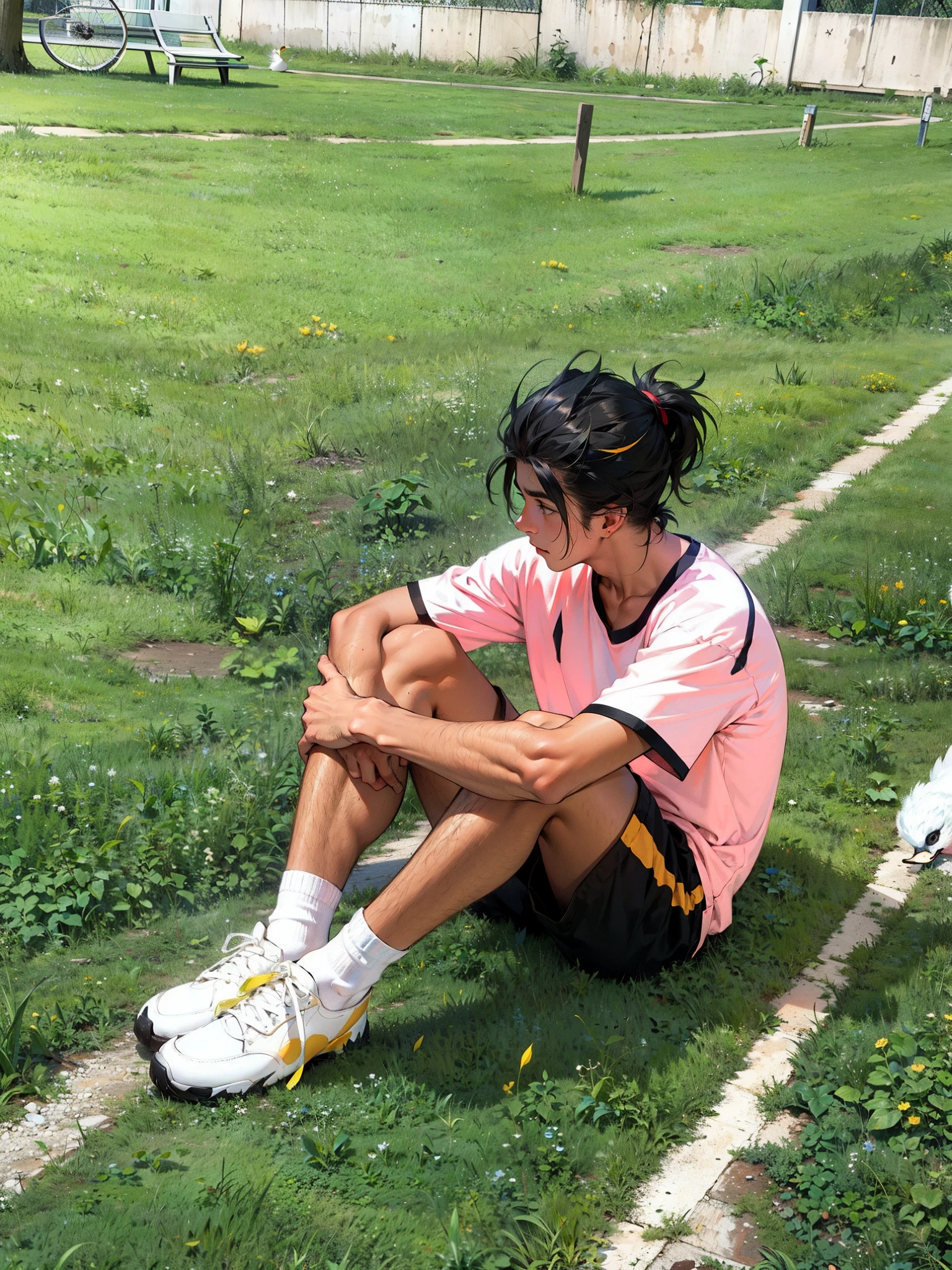 A boy, duck hybrid, messy long white hair, with yellow locks, confused expression, white shirt and shorts, duck feathers and ducktail