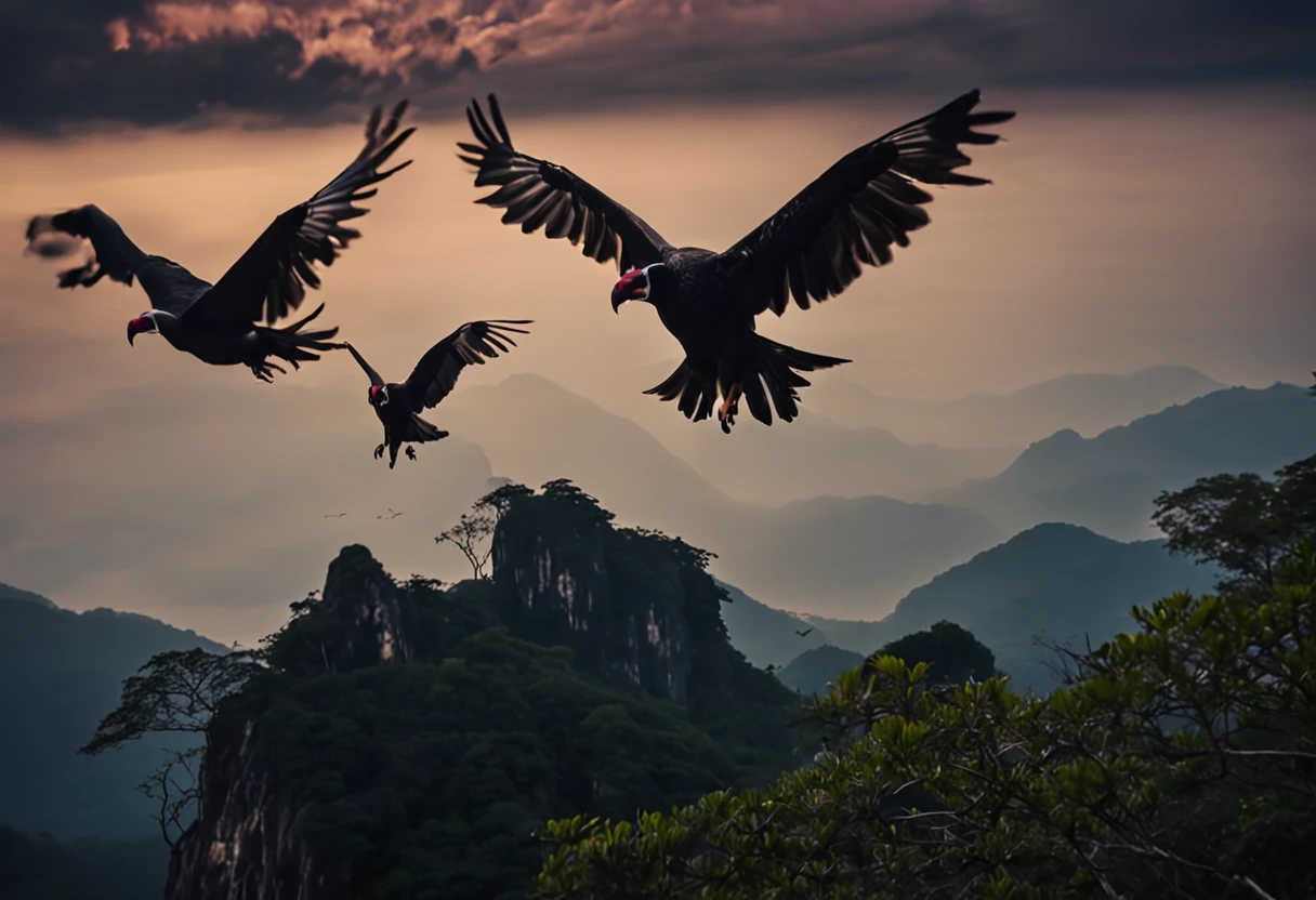 some vultures flying in circles on the edge of the cliff, flying over the hill of Vista Chinesa, in Rio de Janeiro, Dark night, with many shadows, stars and full moon in the sky and many trees descending the cliff
