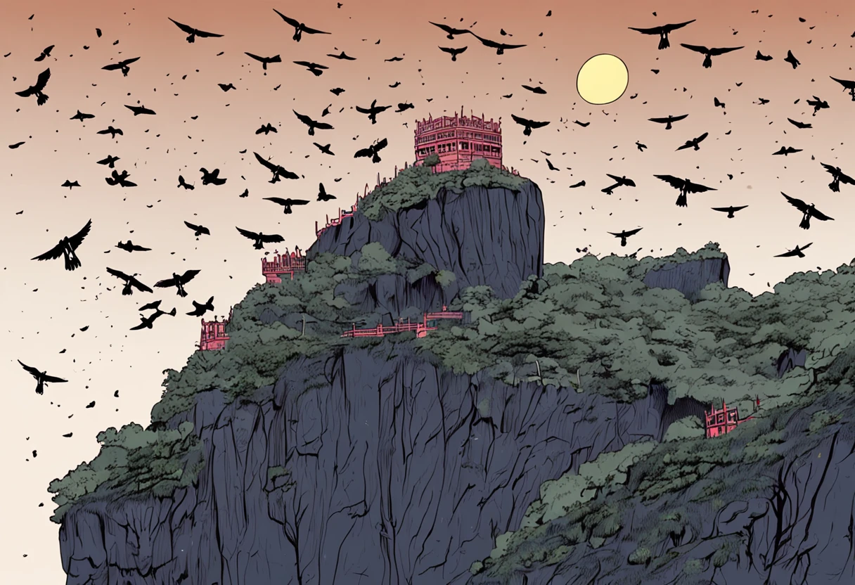 some vultures flying in circles on the edge of the cliff, flying over the hill of Vista Chinesa, in Rio de Janeiro, Dark night, with many shadows, stars and full moon in the sky and many trees descending the cliff