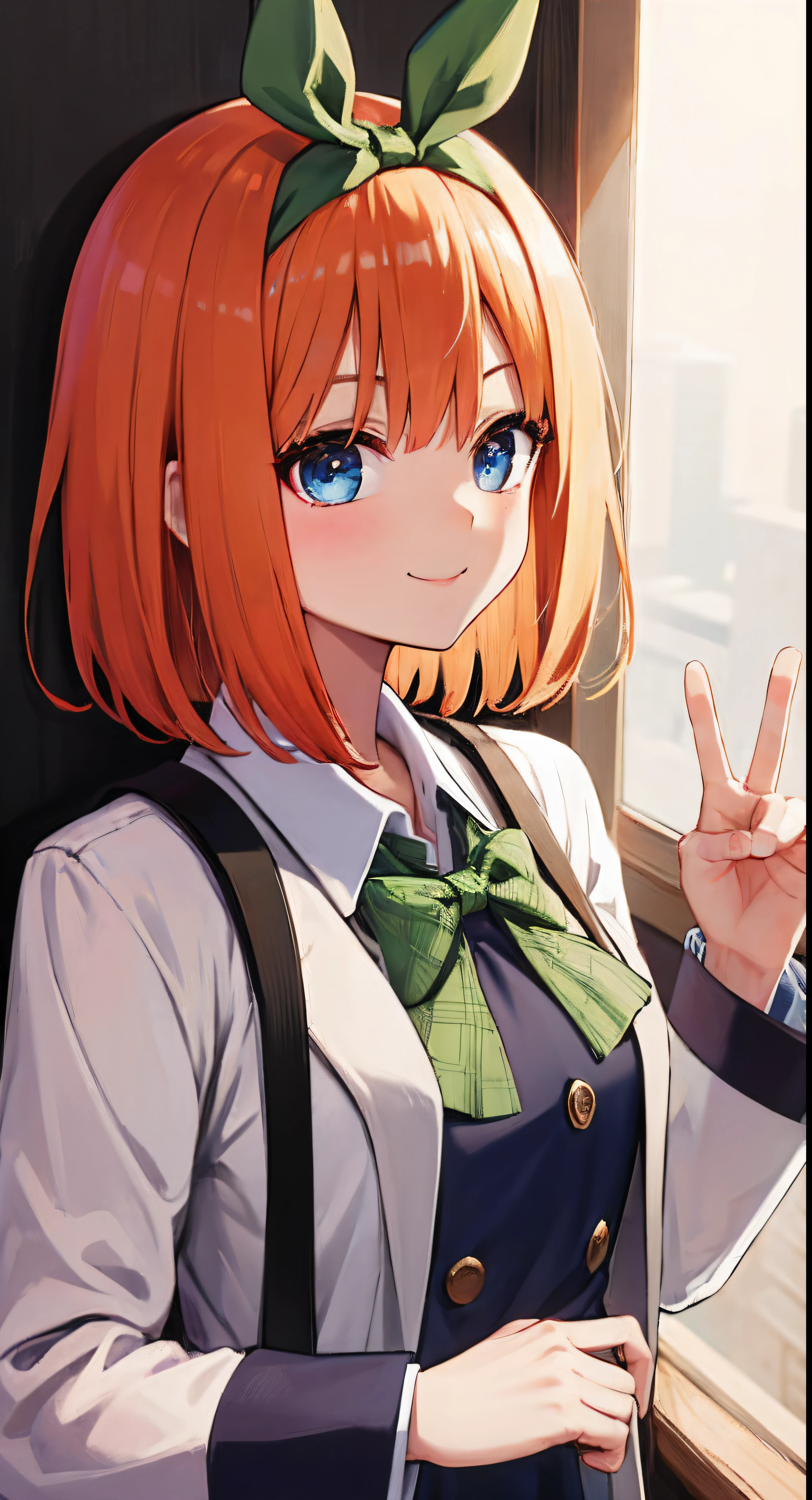 Nakano Yotsuba, Short_hair, Bangs, Blue_Eyes, orange_hair, Hair Bow, Green Ribbon, hair_Bland_Eyes,a smile