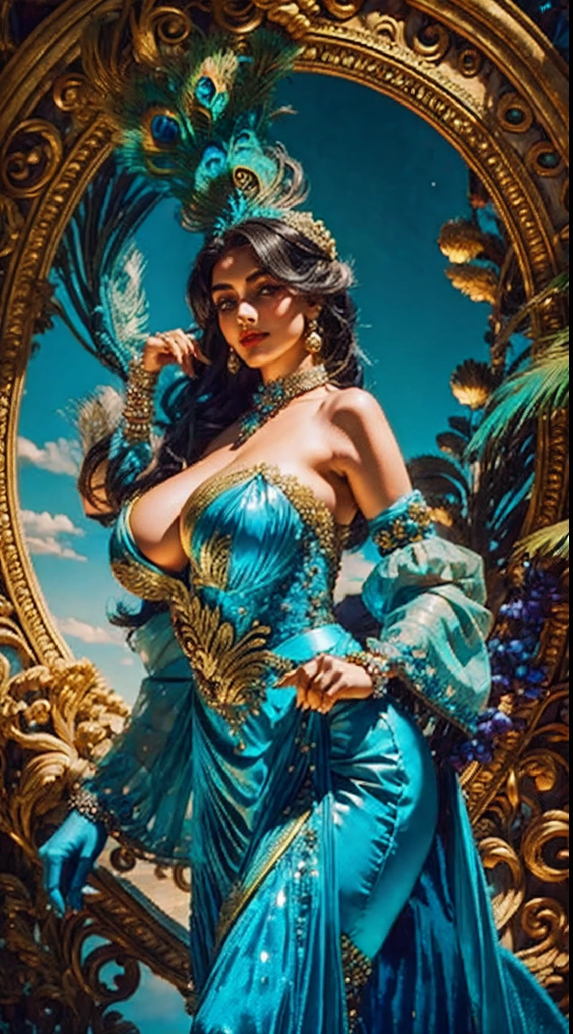 1girl huge large breasts,Peacock feathers,Noble,Pedras preciosas,mito,opulent,