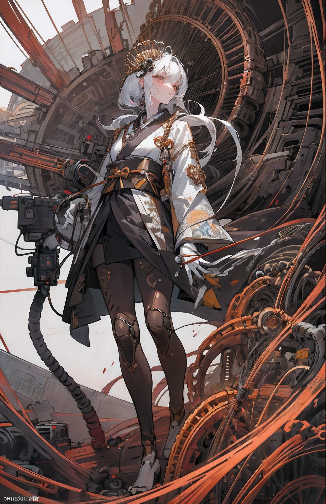 (masterpiece, top quality, best quality, official art, beautiful and aesthetic:1.2), (1girl:1.3), extreme detailed,colorful,highest detailed ((ultra-detailed)), (highly detailed CG illustration), ((an extremely delicate and beautiful)),(from side),cinematic light,((1mechanical girl)),solo,full body,(machine made joints:1.2),((machanical limbs)),(blood vessels connected to tubes),(mechanical vertebra attaching to back)expressionless,(wires and cables attaching to neck:1.2),(wires and cables on head:1.2)(character focus),science fiction, tubes on background, machines are attached to joints, multiple arms, white hair, white skin, looking at viewer, sword in hand, copper, bronze, crown, (black tights, japanese kimono pattern) perfect anatomy