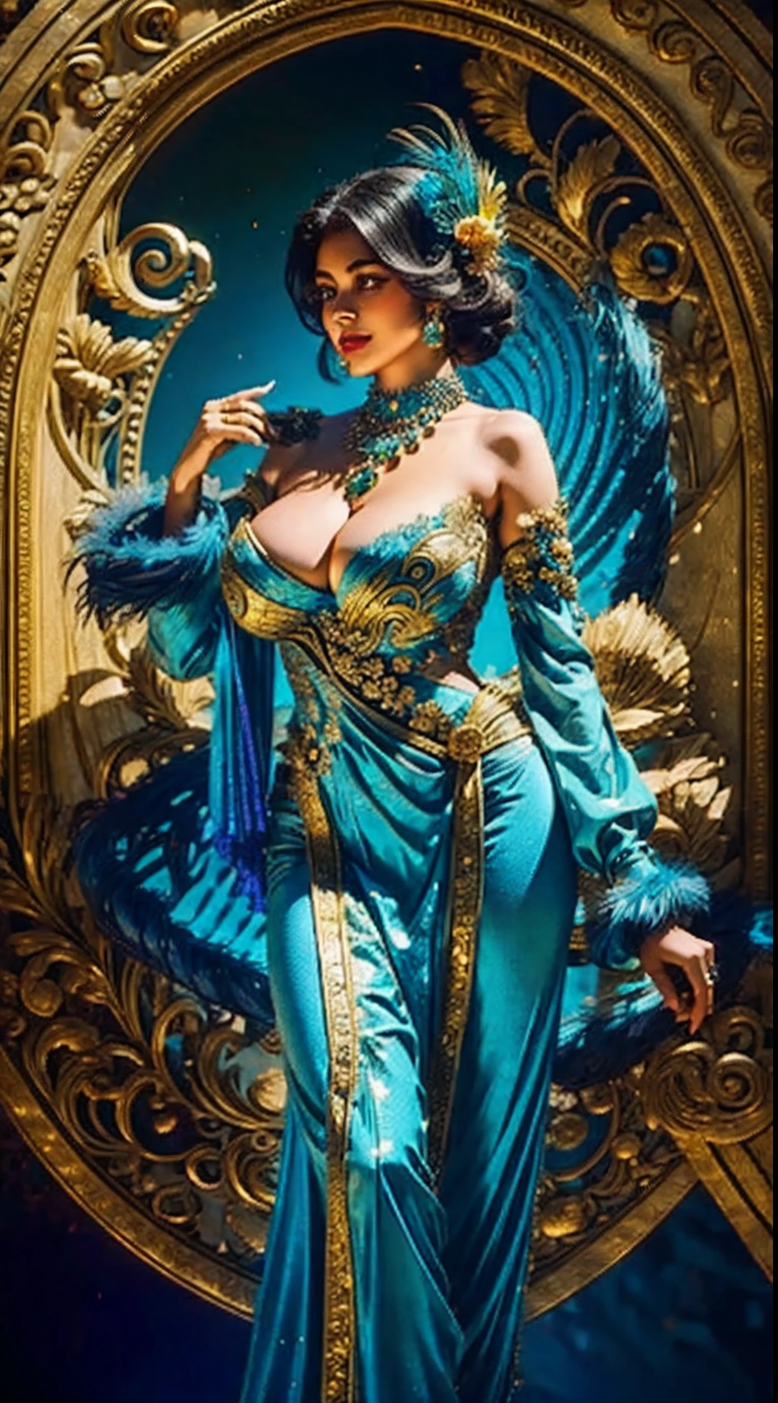 1girl huge large breasts，Peacock feathers，Noble，Pedras preciosas，mito，opulent，