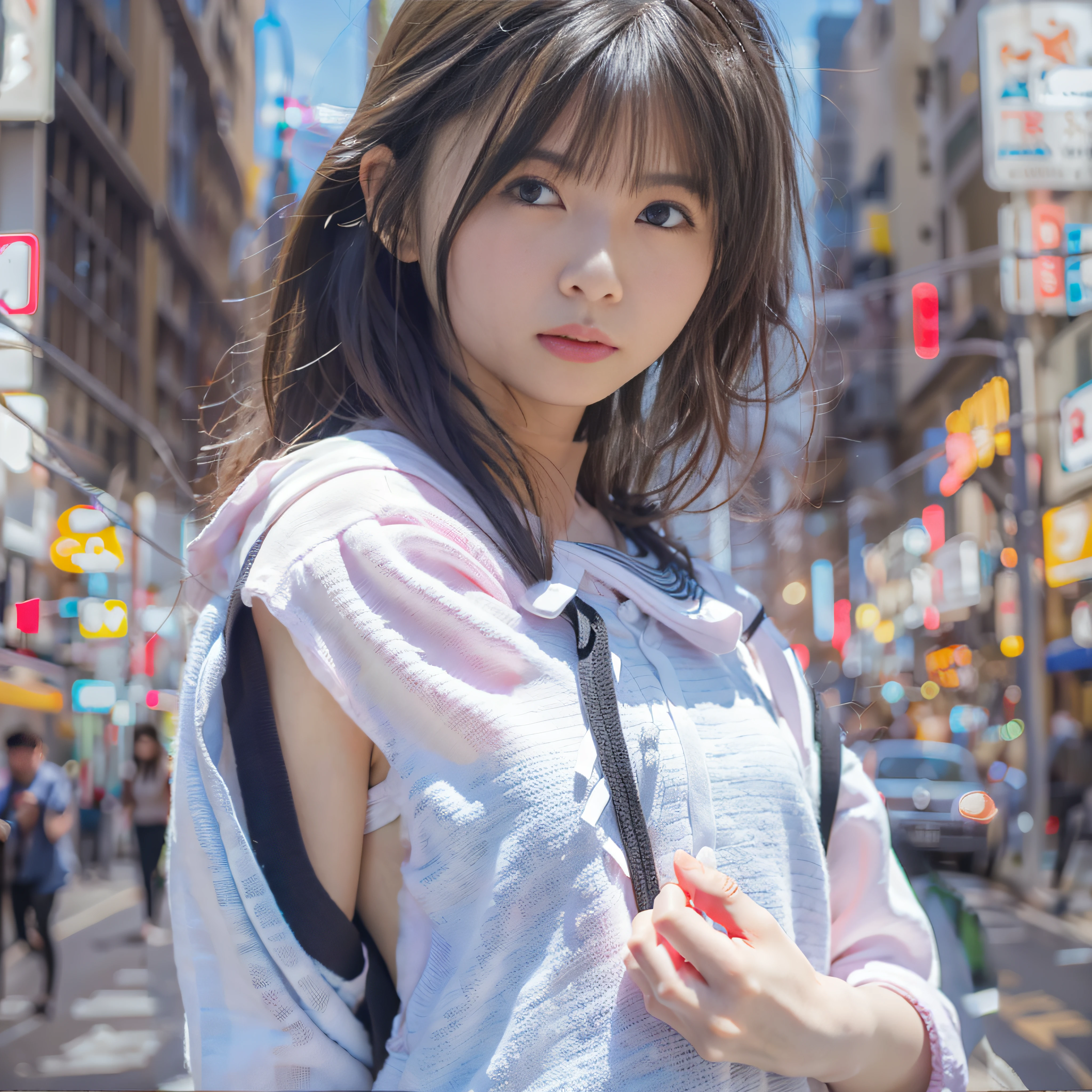 Braid hair、With bangs、((White tiny micro bikini))、Hand in hand with my father、Father and daughter、Wet skin、shopping street、Perfect Lighting), Solo Focus,、 Looking back,