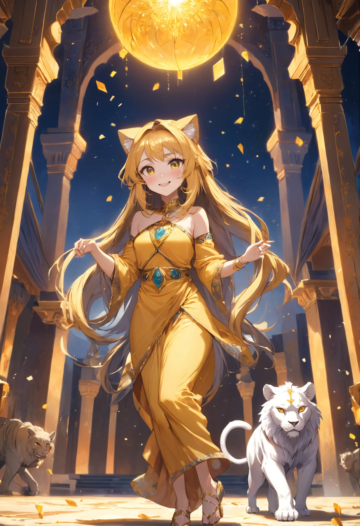 (Masterpiece), (best quality), hight resolution, ultra-detailed, (hyper detailed background, Detailed background), highly detailed, photorealistic, 1 beautiful and gorgeous girl, (cat ears), off-shoulder, North African Islam, Alhambra palace, (Islamic Africa:1.2), Colorful, in desert, Long Long Platina Bond Shining Hair, Big yellow crystal eyes, smile, dancing, light, broken glass, a girl with lion, shining brightly, ((3D)),