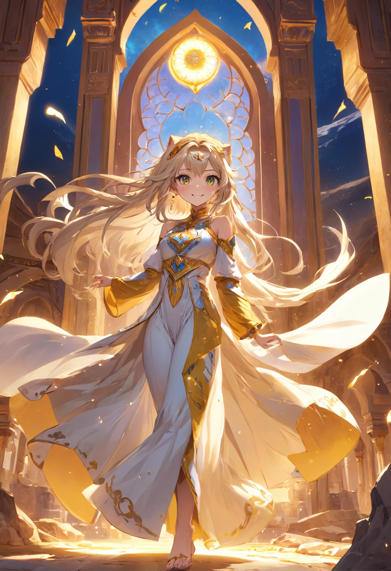 (Masterpiece), (best quality), hight resolution, ultra-detailed, (hyper detailed background, Detailed background), highly detailed, photorealistic, 1 beautiful and gorgeous girl, (cat ears), off-shoulder, North African Islam, Alhambra palace, (Islamic Africa:1.2), Colorful, in desert, Long Long Platina Bond Shining Hair, Big yellow crystal eyes, smile, dancing, light, broken glass, a girl with lion, shining brightly, ((3D)),
