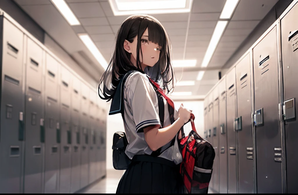 Girl, Dressing, school locker room,