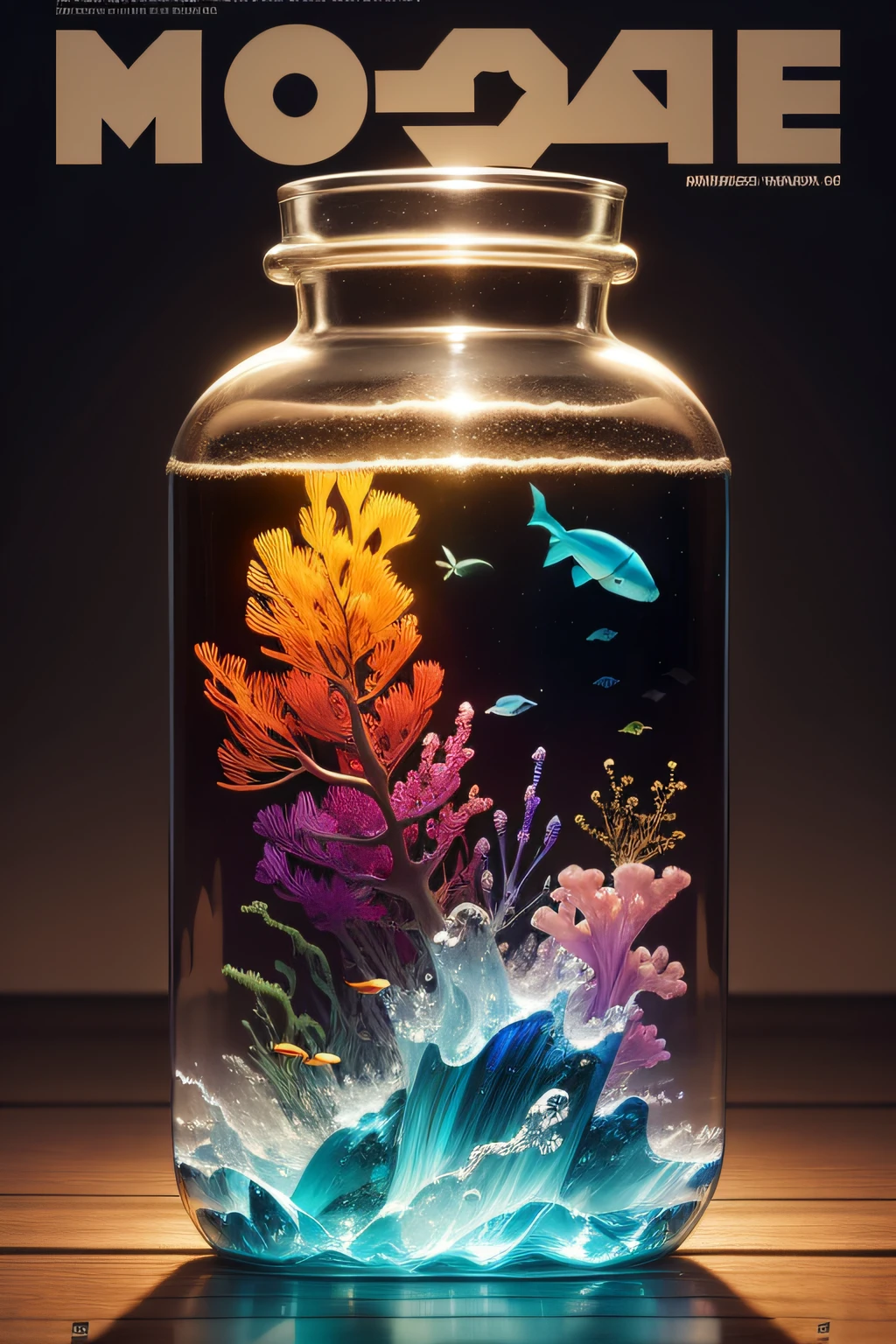 Magazine cover of marine animals in glass bottles , vivd colour, volumettic light