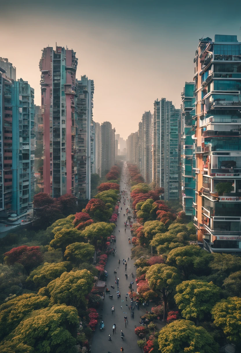 The city with many buildings and many trees is vibrant and dynamic, wide wide shot, shenzhen, wide long shot, wide angle shot from above, tech city in the background, drone view of a city, wide - angle shot, wide long view, Wide view,There are schools and playgrounds