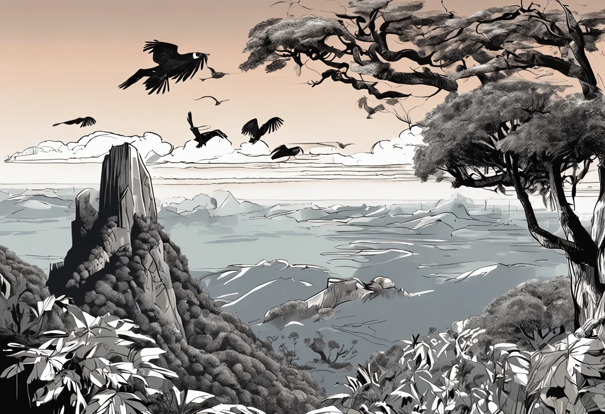 some vultures flying in circles on the edge of the cliff, sobrevoando o morro da Vista Chinesa, in Rio de Janeiro, noite escura, com muitas sombras, CRISTO REDENTOR AO FUNDO, stars and full moon in the sky and many trees coming down the cliff