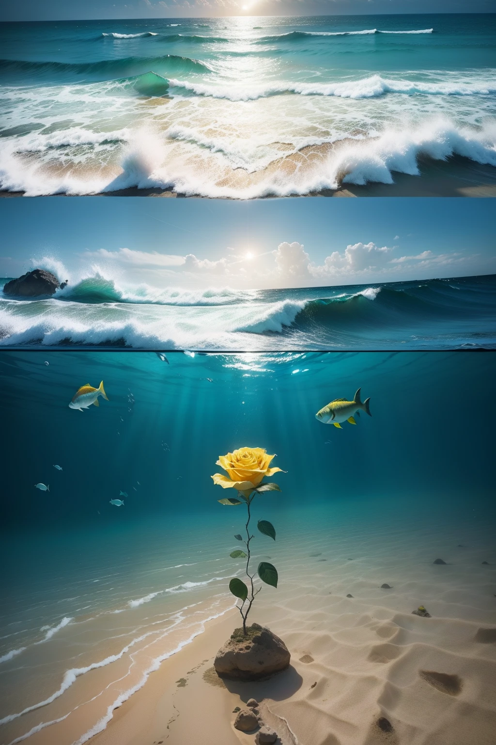 The environment is the bottom of the sea where you can see a yellow rose growing among the fish, areia do fundo, pedras