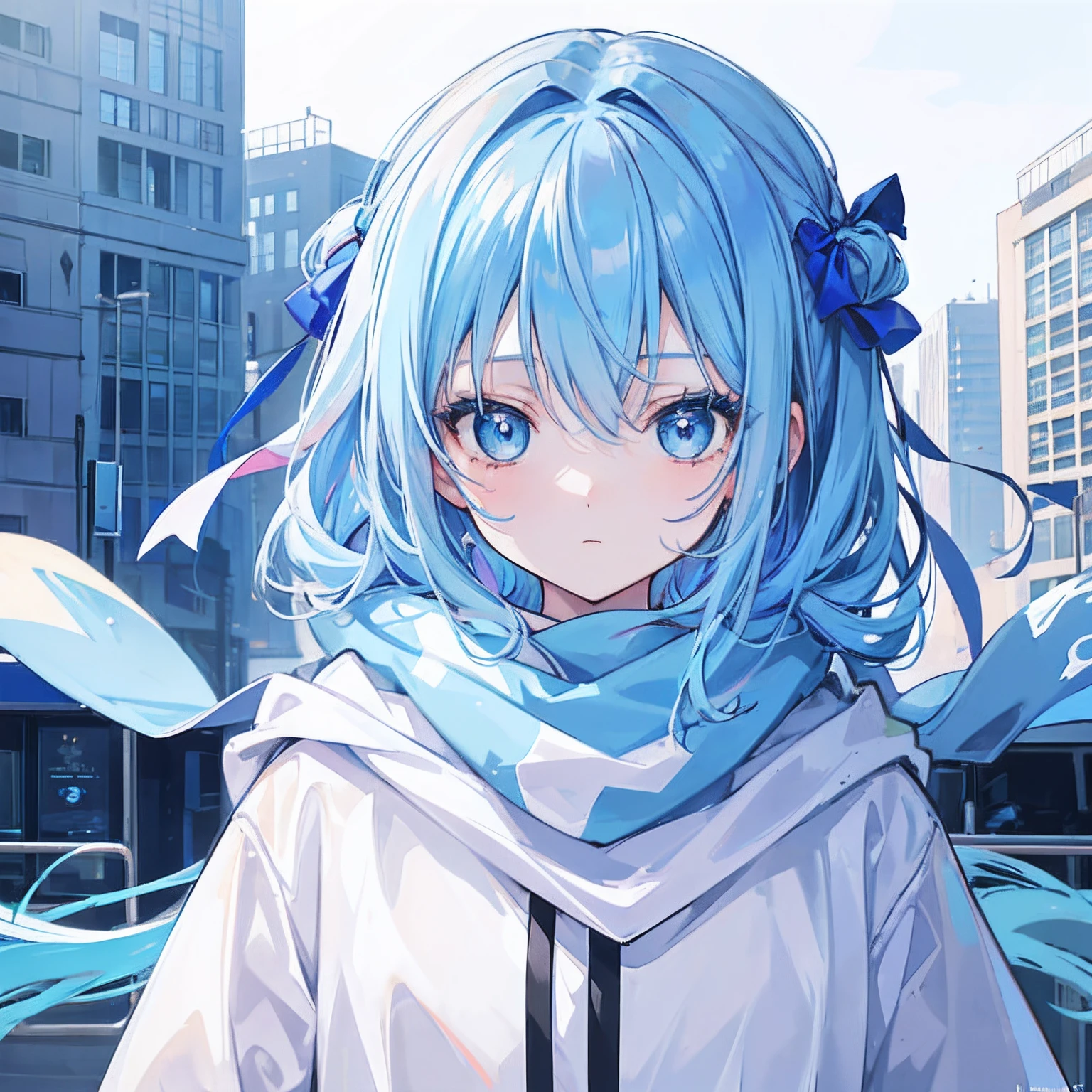 1girl, with light blue hair and blue eyes, wearing 2 hair ribbon and a blue and white hoodie. The scene is set in winter, with the girl looking directly at the viewer. This image can be used as a profile picture.City background.Masterpiece,high-quality,absurdres,scarf